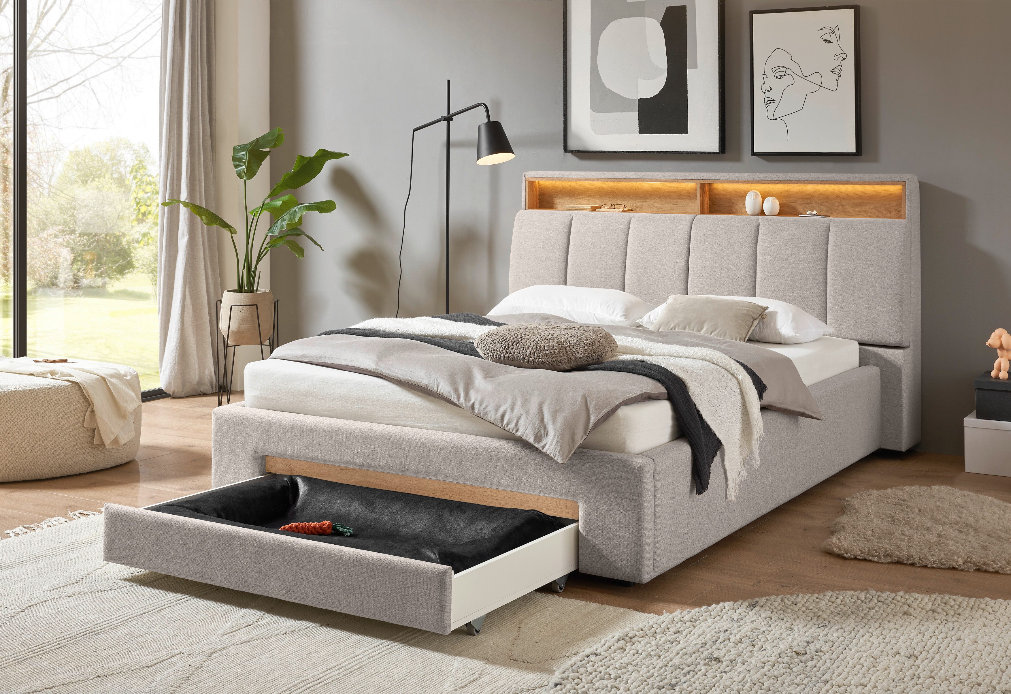 INOSIGN Gestoffeerd bed CiTY/GiRON,, gepolsterd opbergbed, met LED-verlichting Bedkisten met hondenbed of als opbergruimte, opklapbare hoofdeinden