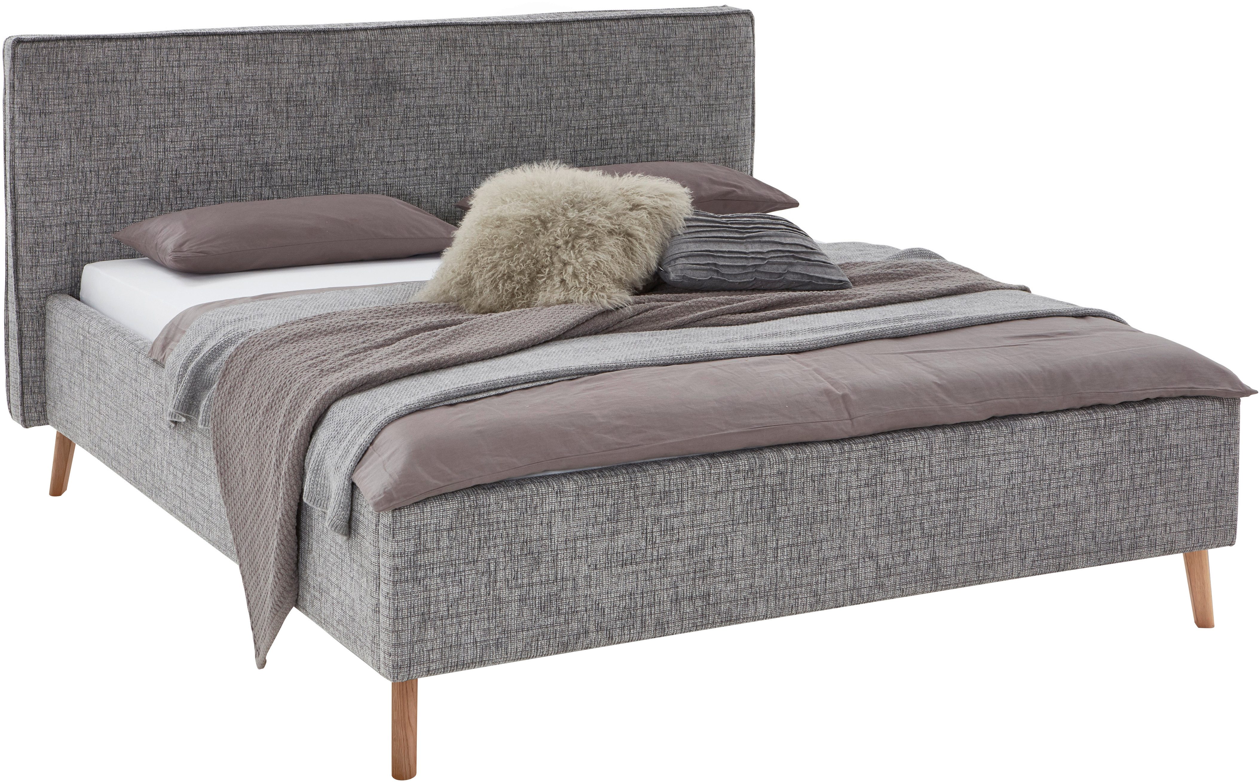 meise.möbel Gestoffeerd bed Riva met eikenkleurige houten poten, naar keuze met bedkist en lattenbodem