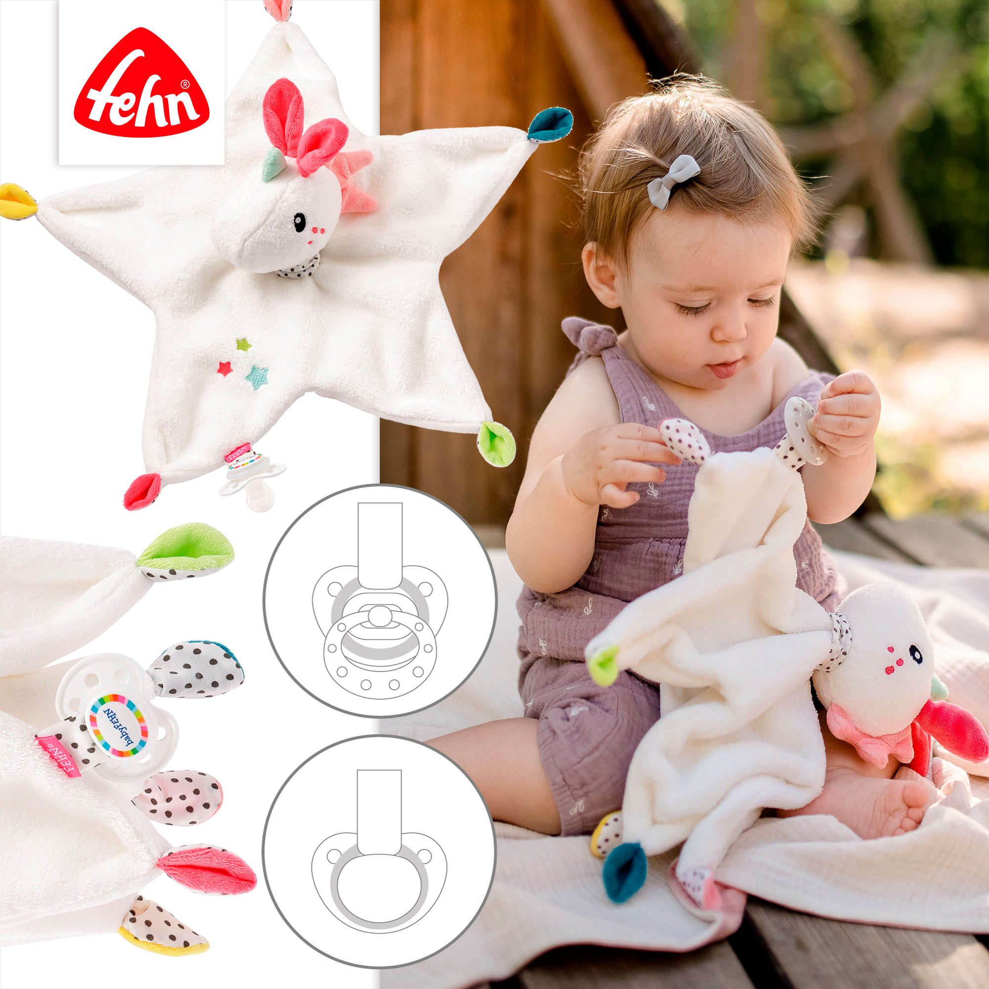 Fehn Knuffeldoek Aiko & Yuki, eenhoorn met bevestigingsring voor speen