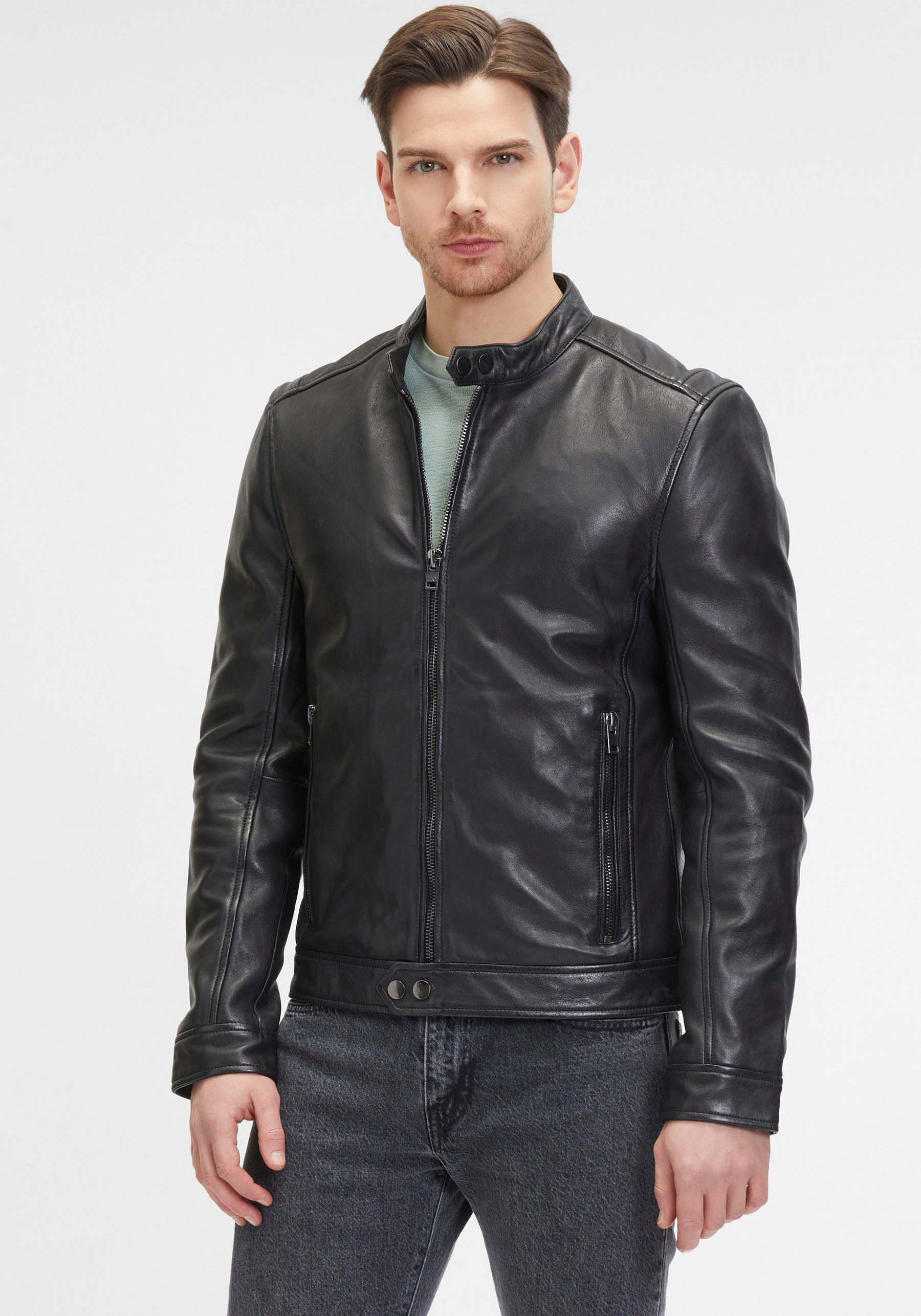 OTTO Mauritius Leren jack G2MOccer SF met ritssluiting, siernaden, opstaande kraag heren tussenjacks maat 4XL zwart