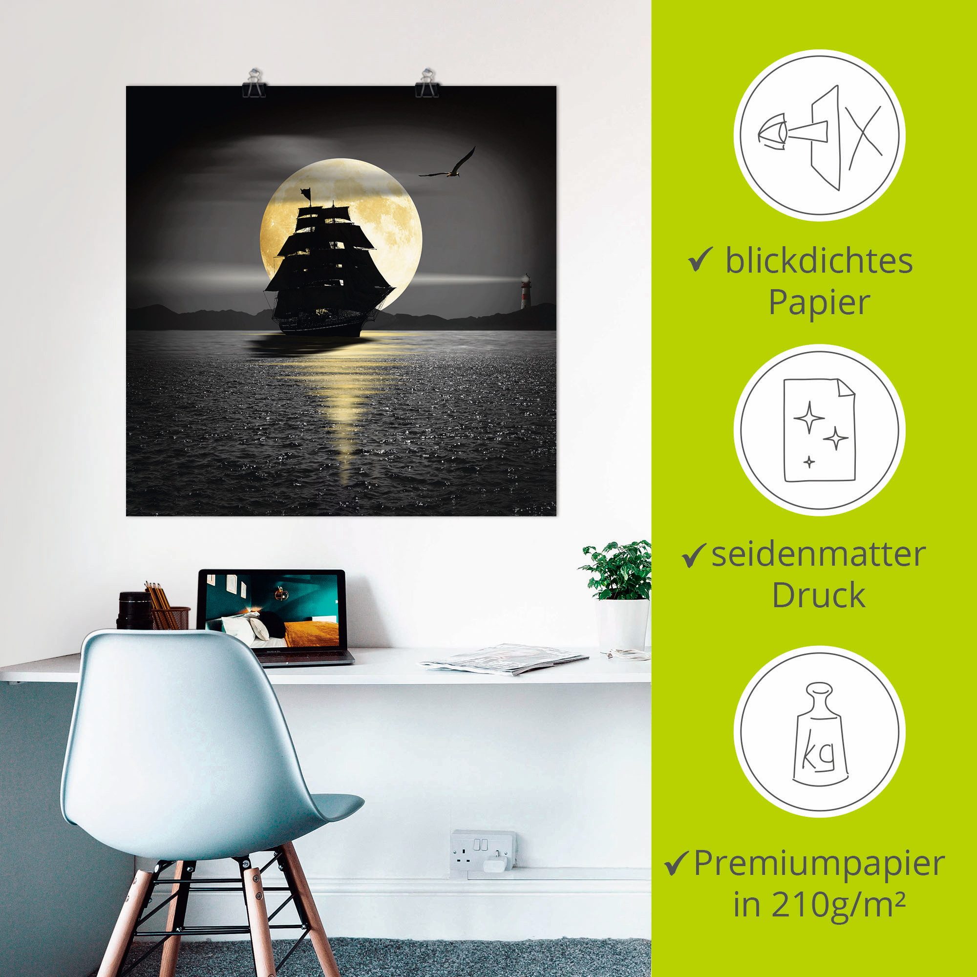 Artland Artprint Een boot met zwarte zeilen als artprint op linnen, poster, muursticker in verschillende maten