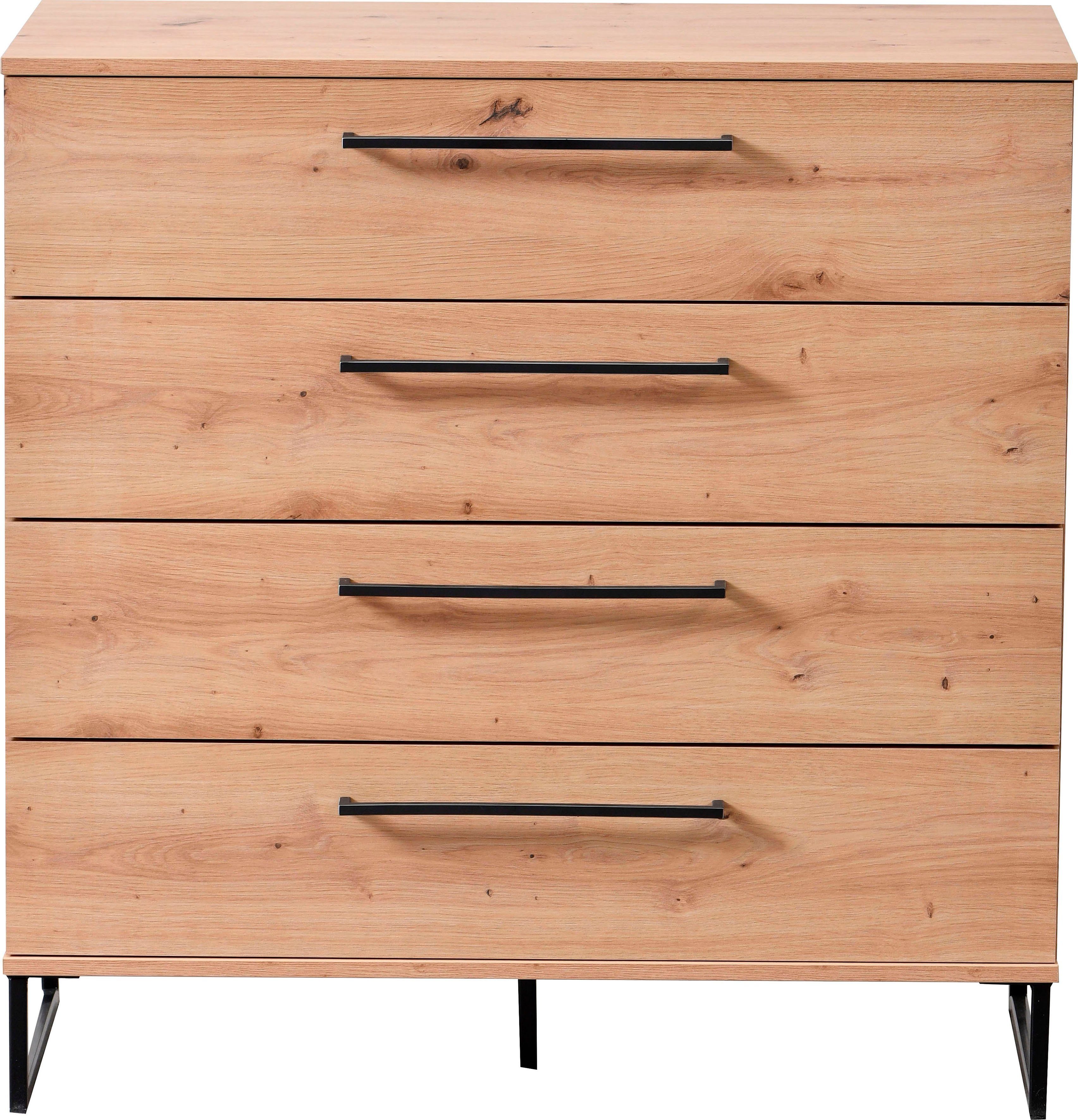 INOSIGN Ladekast Sardinië, 91x92,5x42cm, FSC® gecertificeerd houtmateriaal met 4 lades, met trendy zwarte handgrepen en metalen voeten