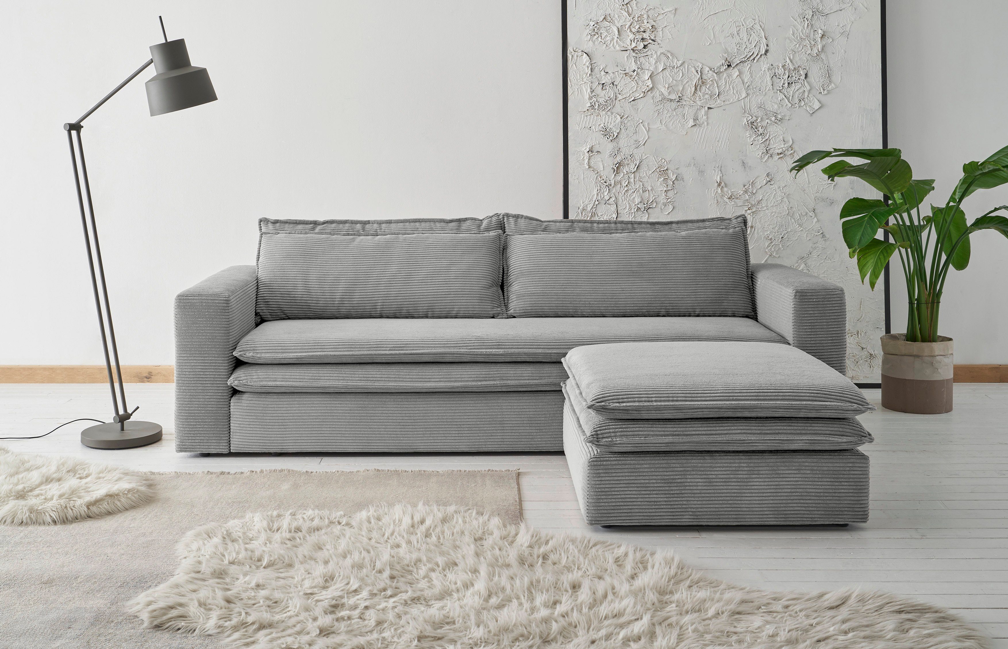 Places of Style Zithoek PIAGGE 3-zitsbank met slaapfunctie en loveseat-hocker als set (2-delig) grijs, zithoeken
