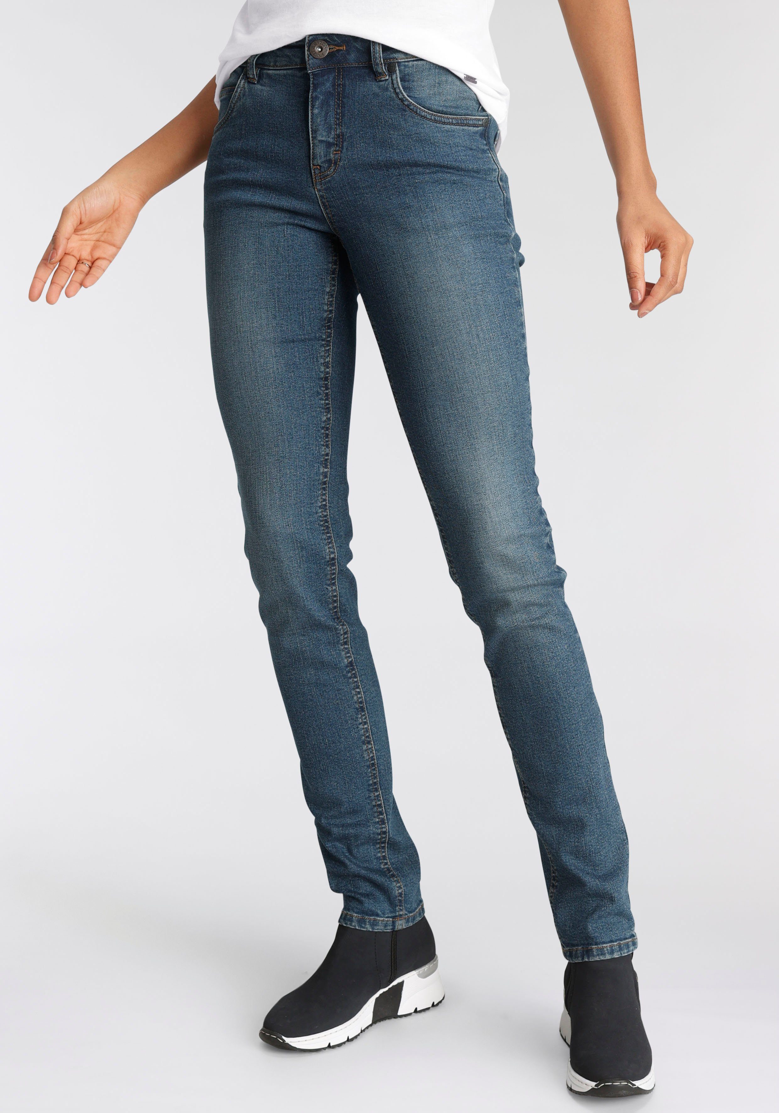 Arizona Slim fit jeans Svenja - band met opzij elastische inzet smalle pasvorm, skinny jeans, used-wassing, hoge taille