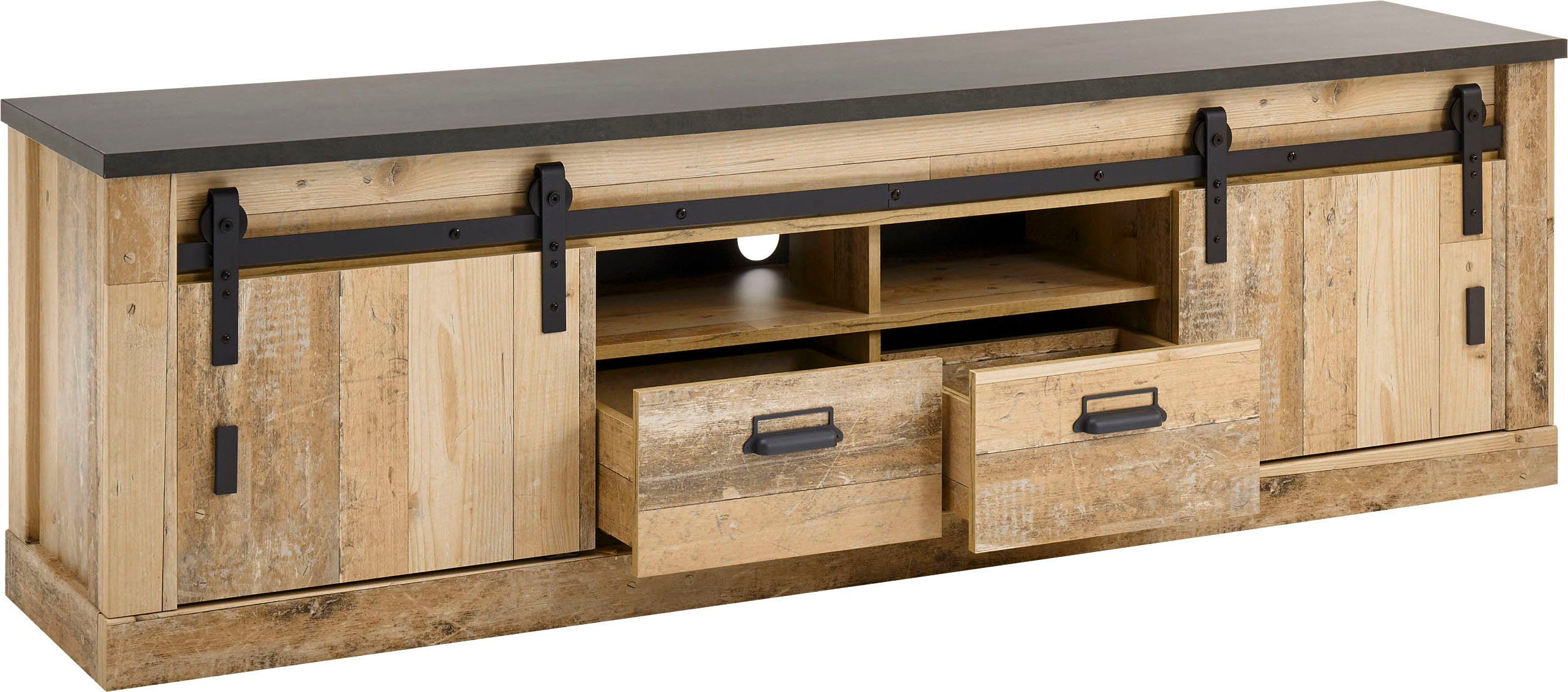 Home affaire Tv-meubel Sherwood modern houtdecor, met schuurdeurbeslag van metaal, breedte 201 cm