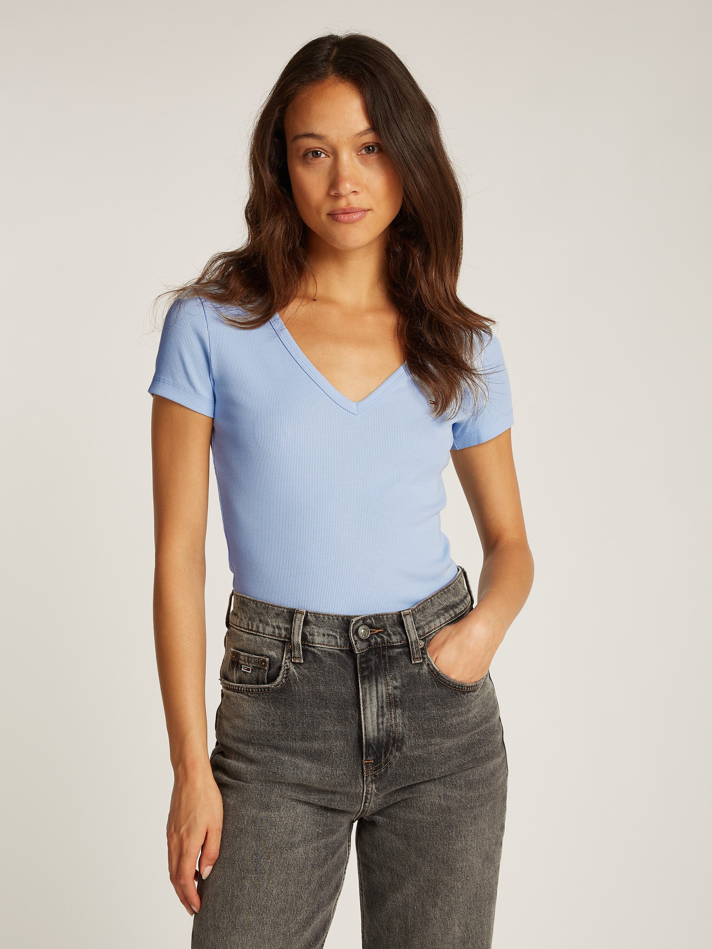TOMMY JEANS T-shirt TJW SLIM ESSENTIAL RIB V SS dames t-shirts maat XS (34) blauw