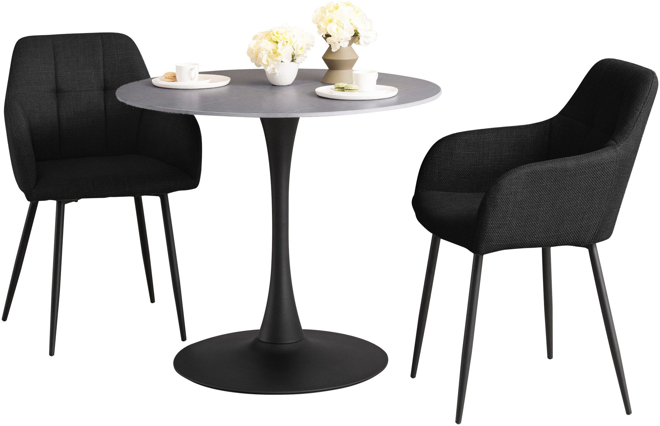 HELA Eethoek MOSEL Tafel 90x75 cm, ronde plaat, gesinterde steen, armleuningsstoel (3-delig)