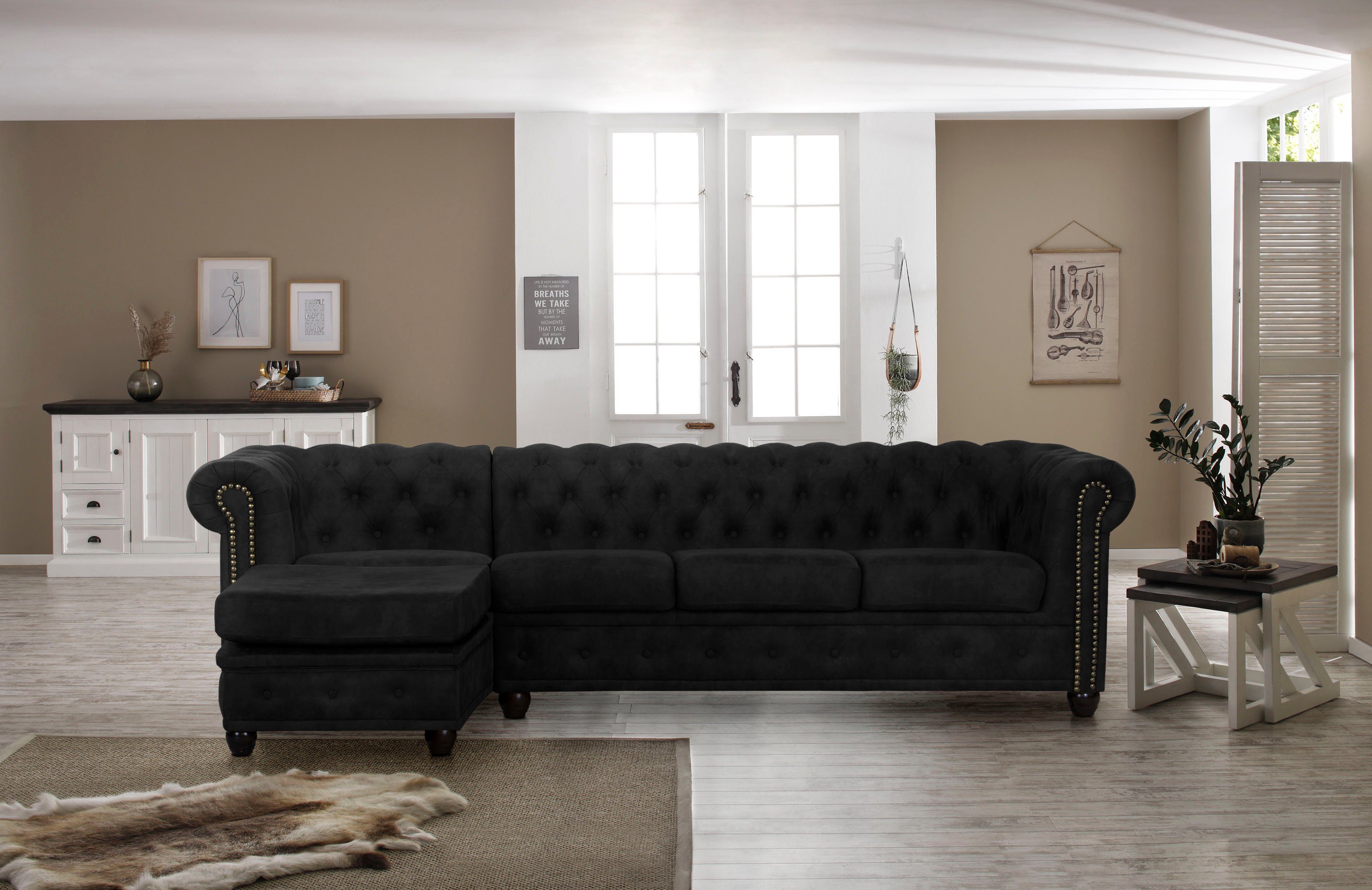Home affaire Chesterfield-bank Rysum L-vorm Chesterfield-look met afsluitende ottomane