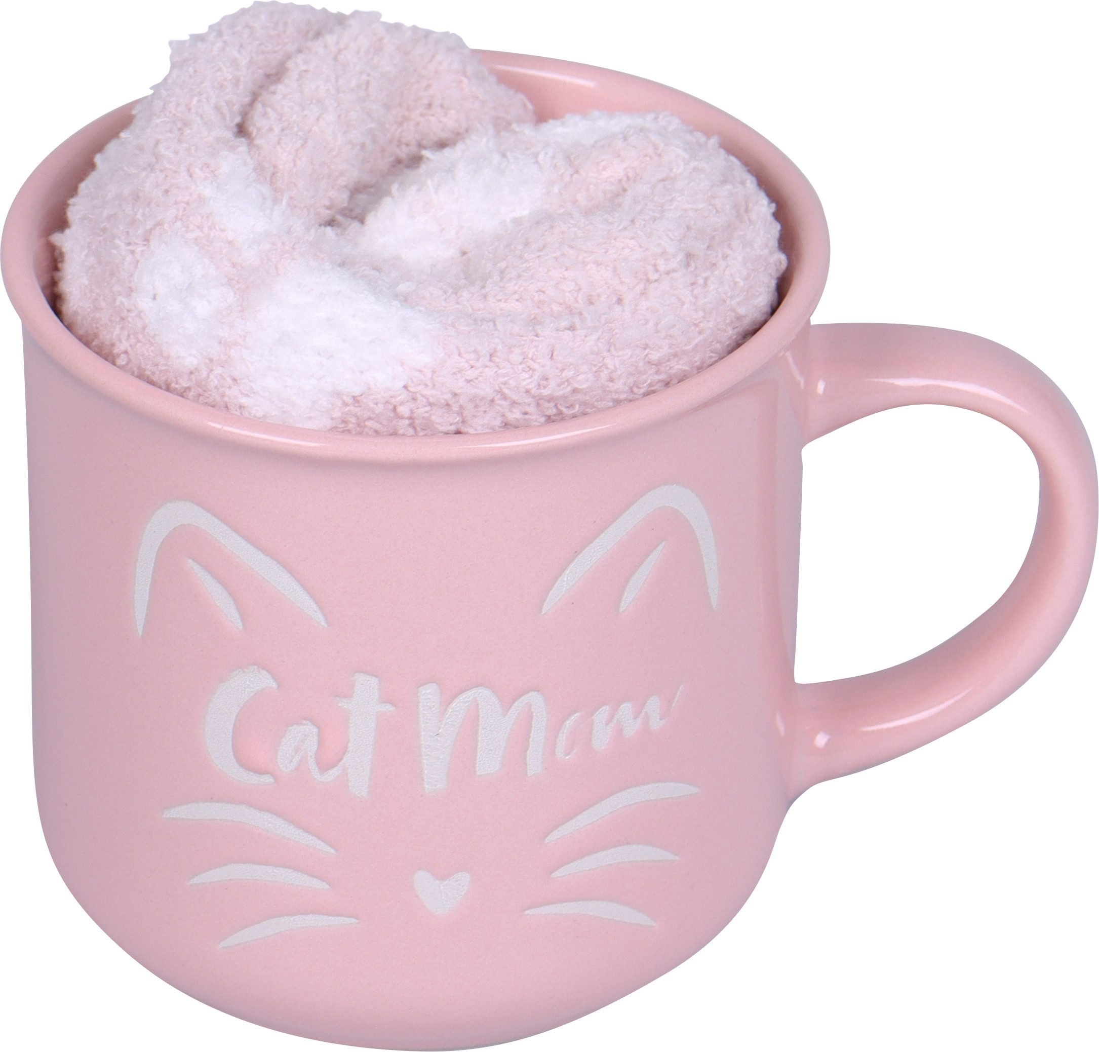 Capelli New York Wellness-sokken Cadeauset met roze knuffelsokken en roze "Cat Mom" mok (1 kopje en 1 paar sokken)
