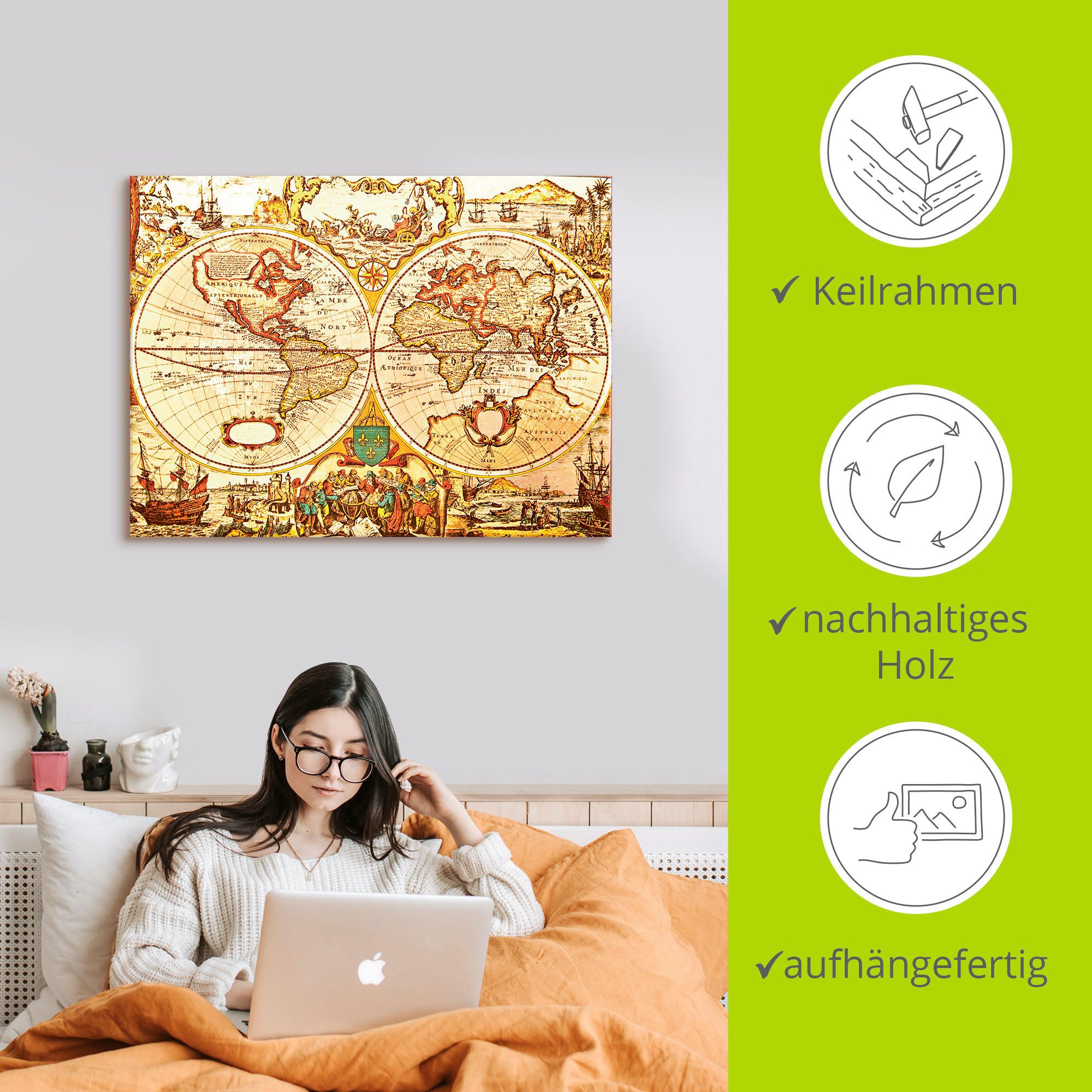 Artland Artprint Antieke wereldkaart als artprint van aluminium, artprint voor buiten, artprint op linnen, poster, muursticker