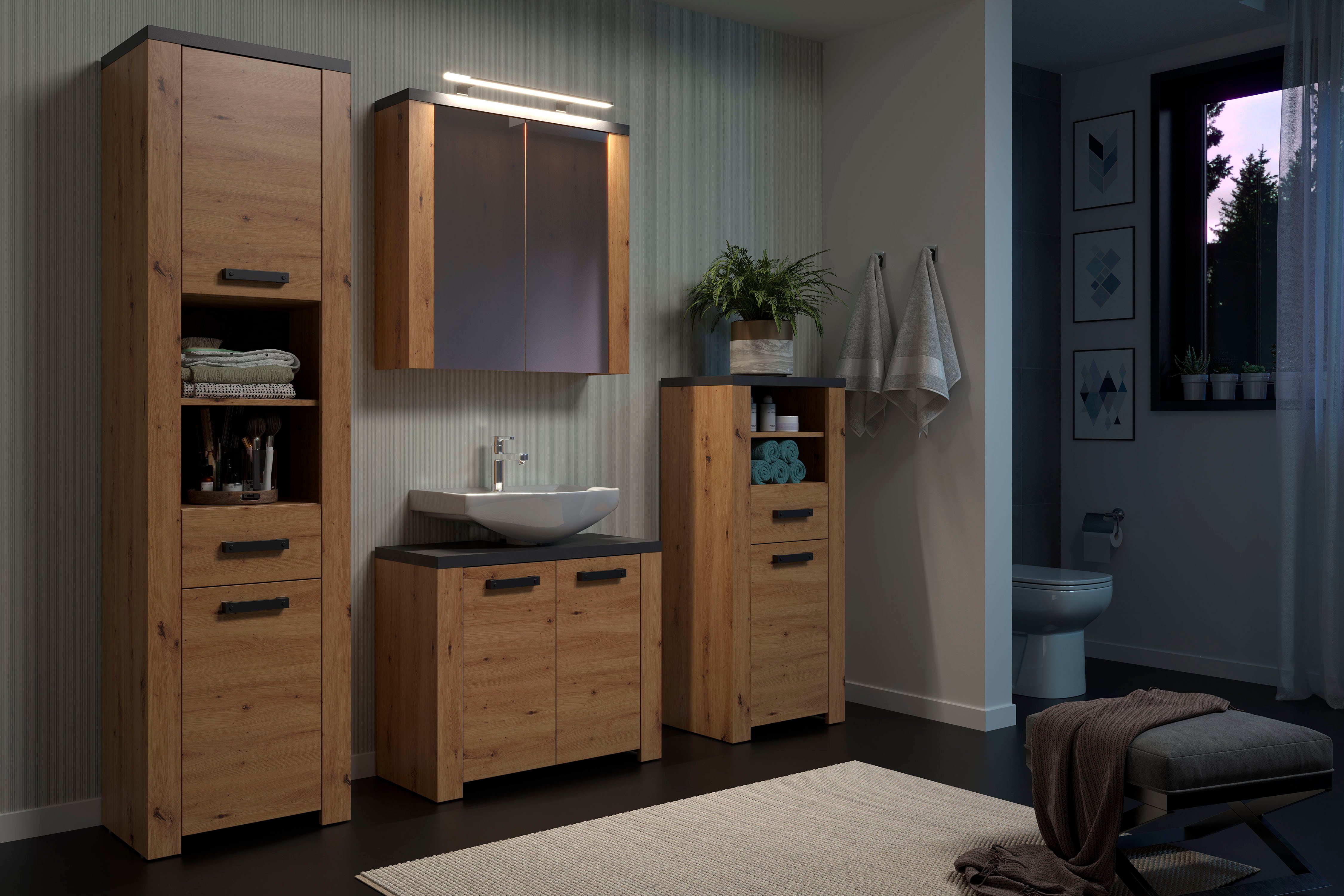 Home affaire Badkamerset Ambres Badkamermeubels in matte echt houtlook - afmetingen (B/D/H) 215/35/196 cm (4-delig)