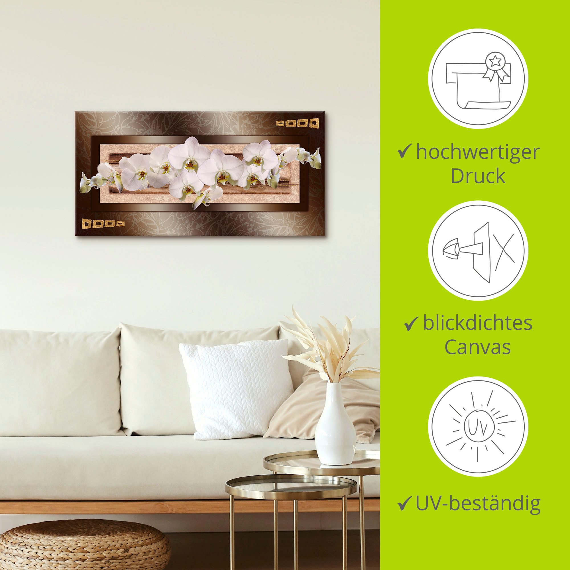 Artland Artprint op linnen Witte orchideeën met goudkleurige vierkanten