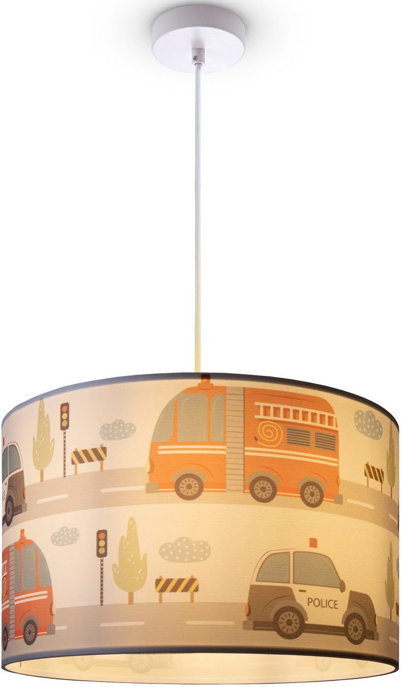 Paco Home Hanglamp Hugo Cabri Pendellamp kinderkamer aan plafond stof lampenkap brandweer politie