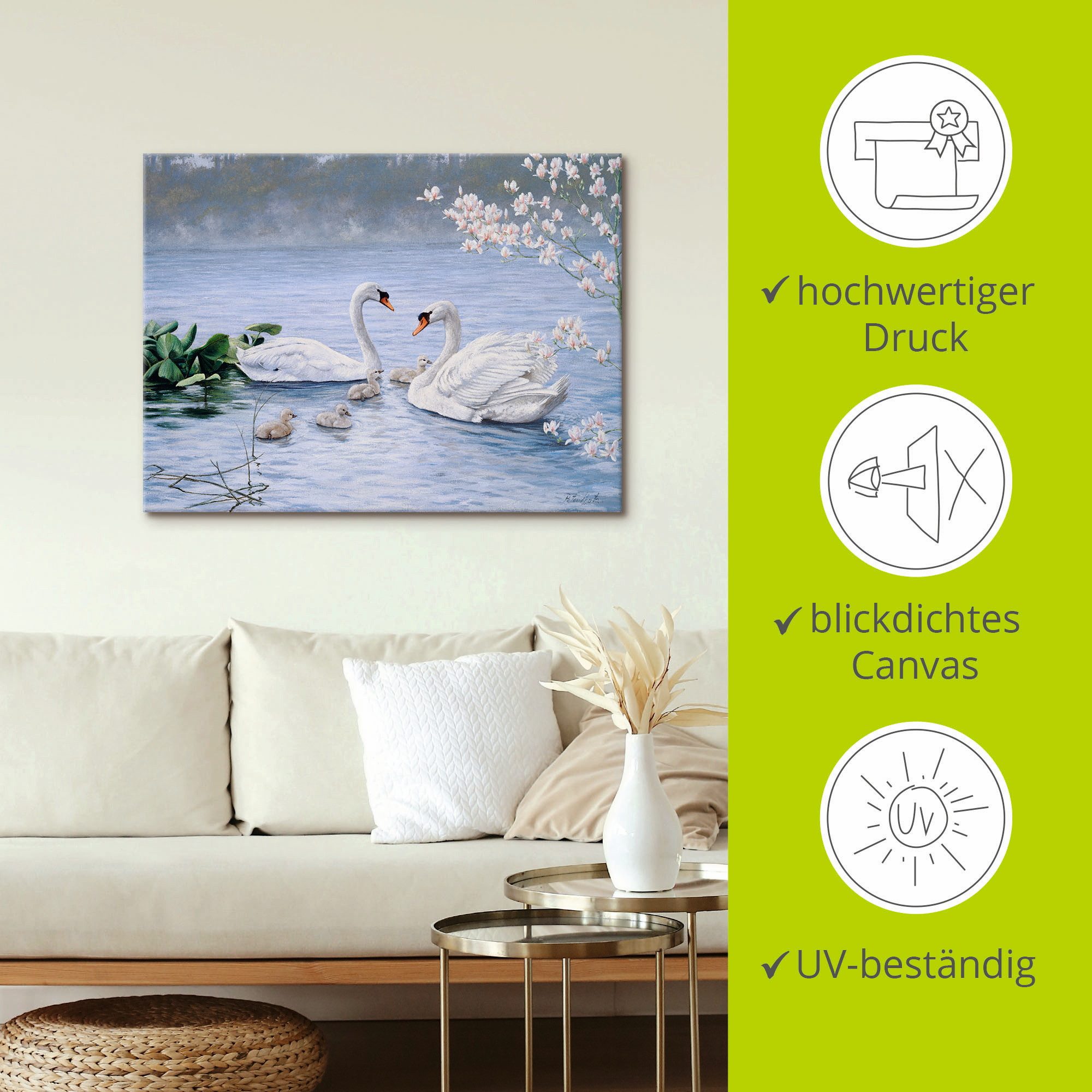 Artland Artprint op linnen Trotse zwanenfamilie gespannen op een spieraam