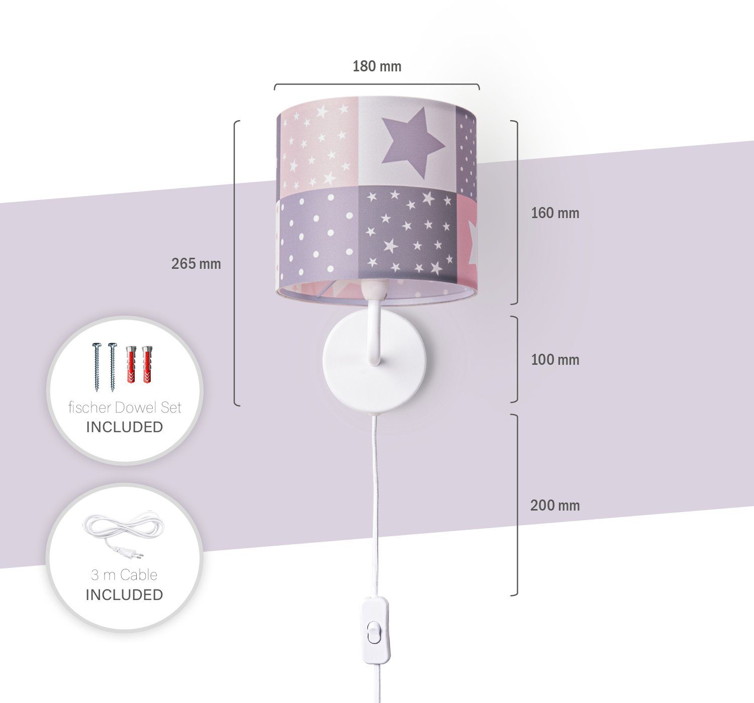 Paco Home Wandlamp Cosmo 345 Kinderlamp wandlamp schakel Ø…18cm sterren stippen kabellengte 3m E14