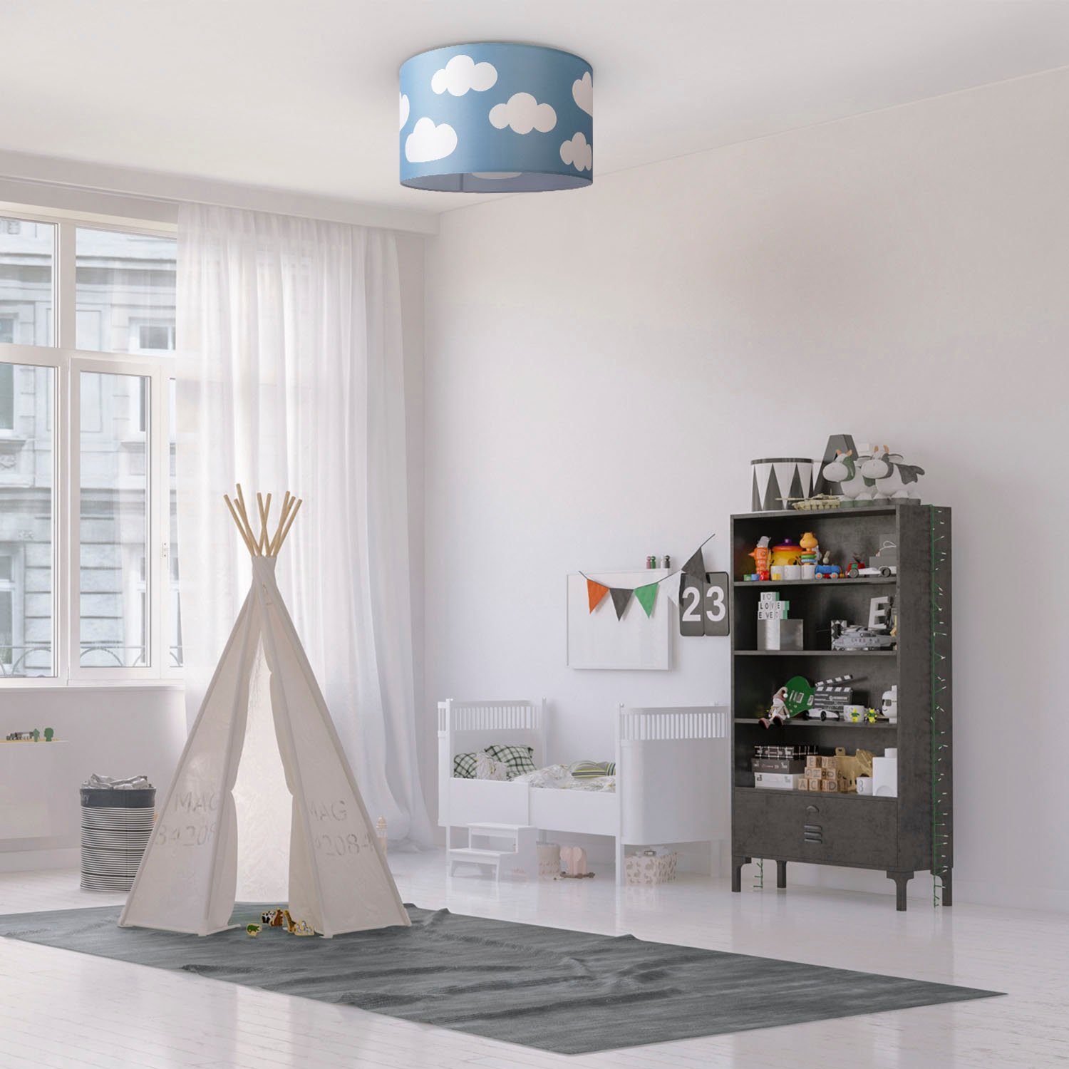 Paco Home Plafondlamp Hugo Cosmo Plafondlamp kinderkamer kinderlamp wolk stofscherm rond E27