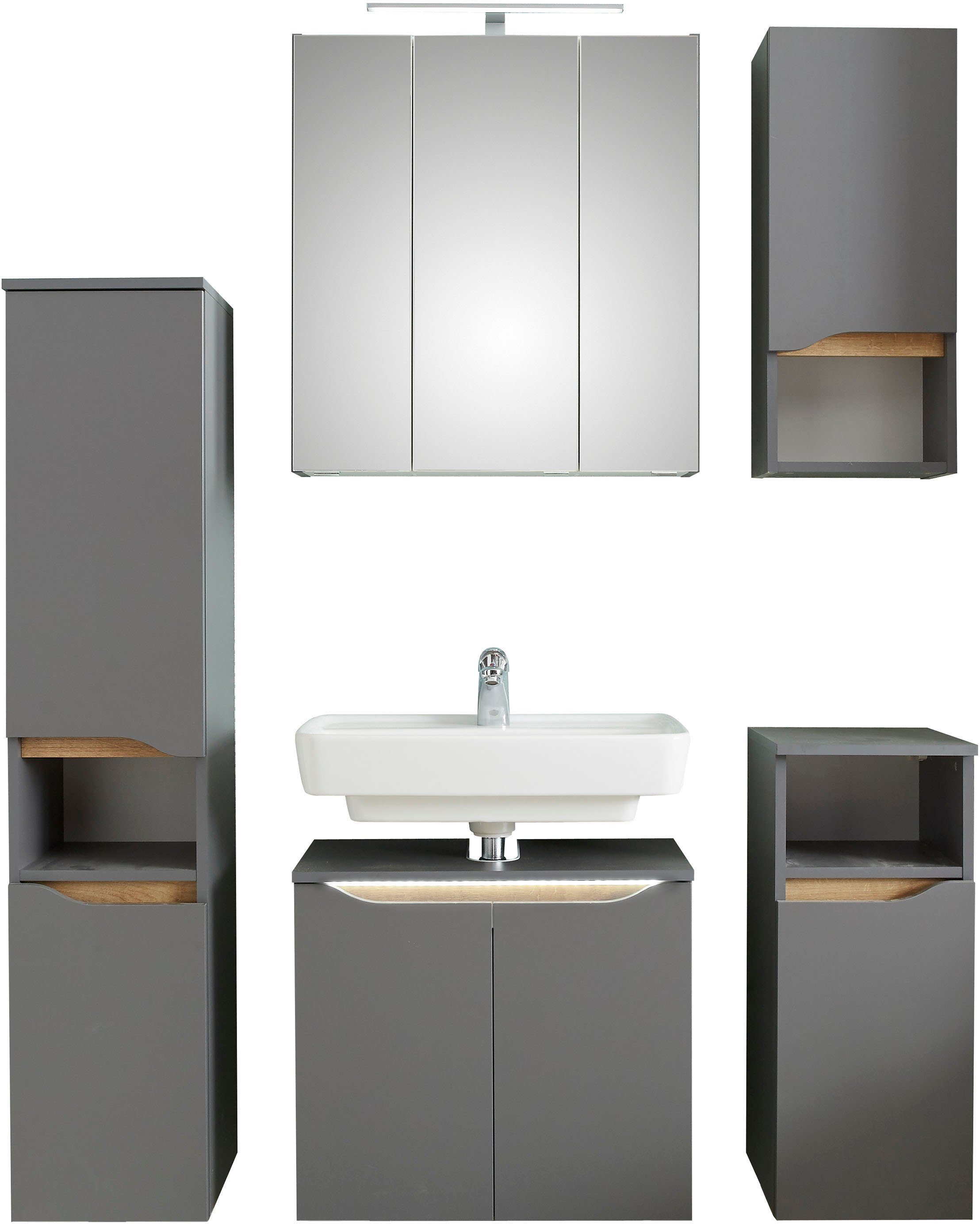 Saphir Badkamerserie Quickset 5-delig, wastafelonderkast met led-spiegelkast Halfhoge kast, onderkast, hangkast, incl. deurdemper, 9 deuren (6-delig)