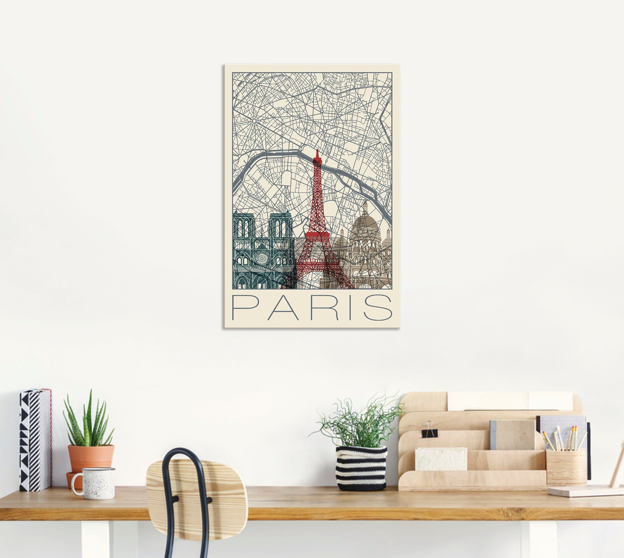 Artland Artprint Retro kaart Parijs Frankrijk en skyline als artprint van aluminium, artprint voor buiten, poster in diverse formaten