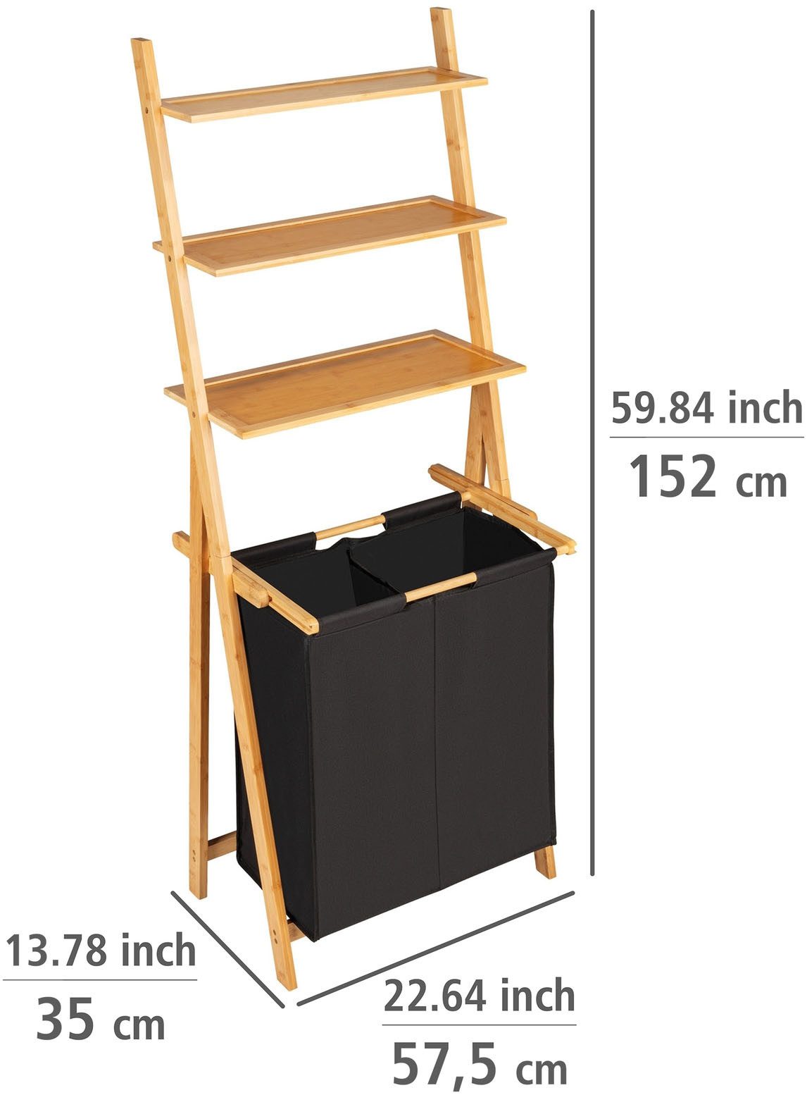 WENKO Wasmand met sorteerfunctie Ladderrek Ecori met wasverzamelaar Frame van bamboe, 3 schappen, textiel van 100% gerecycled polyester