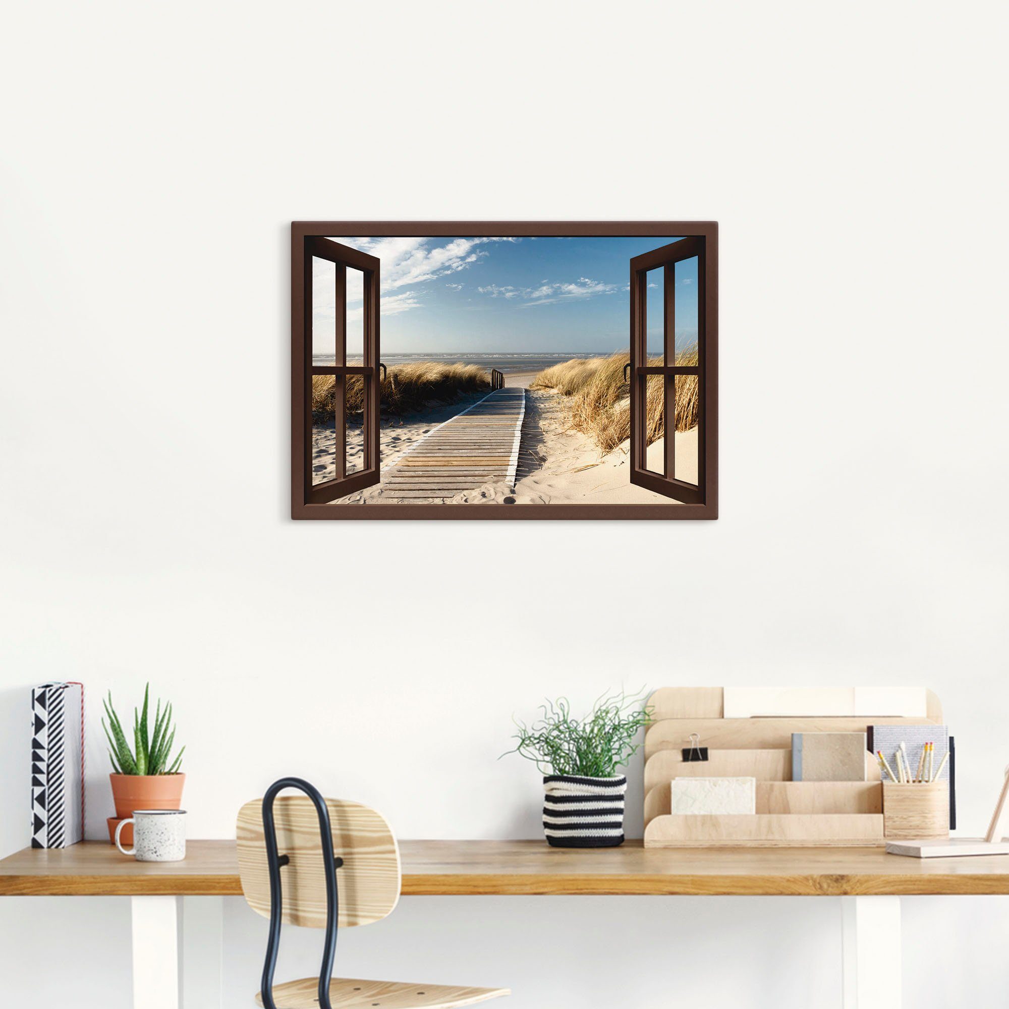 Artland Artprint Blik uit het venster Noordzeestrand op Langeoog als artprint op linnen, poster, muursticker in verschillende maten