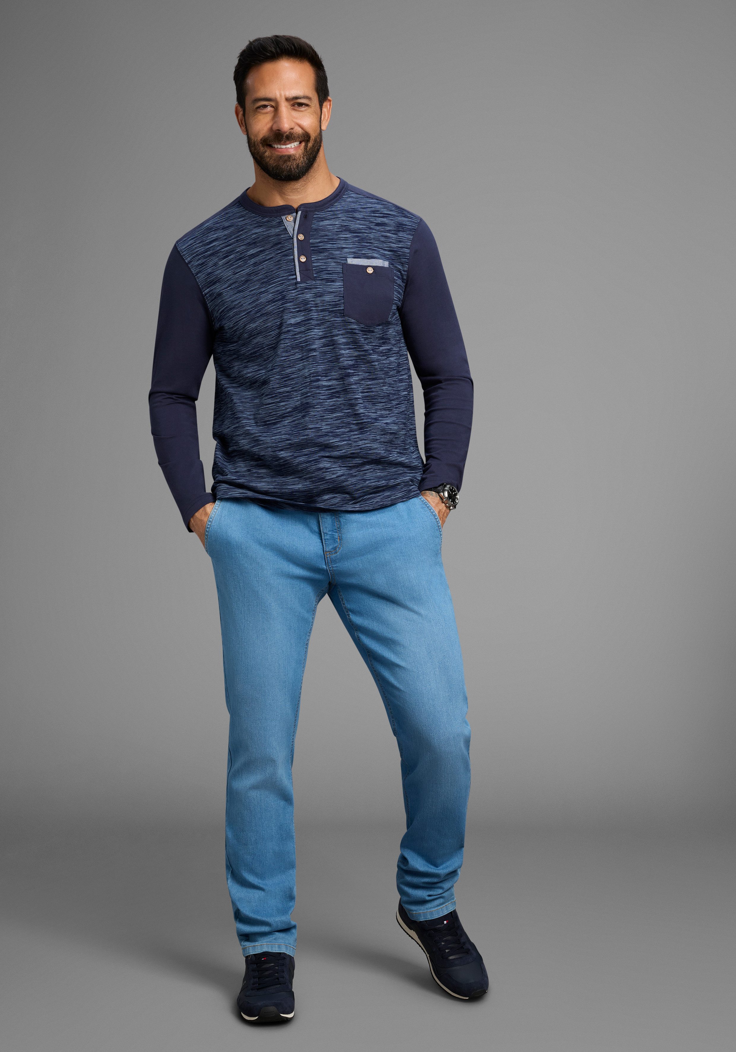 Arizona Longsleeve Lange mouwen, gemêleerde look, ronde hals met knoopsluiting