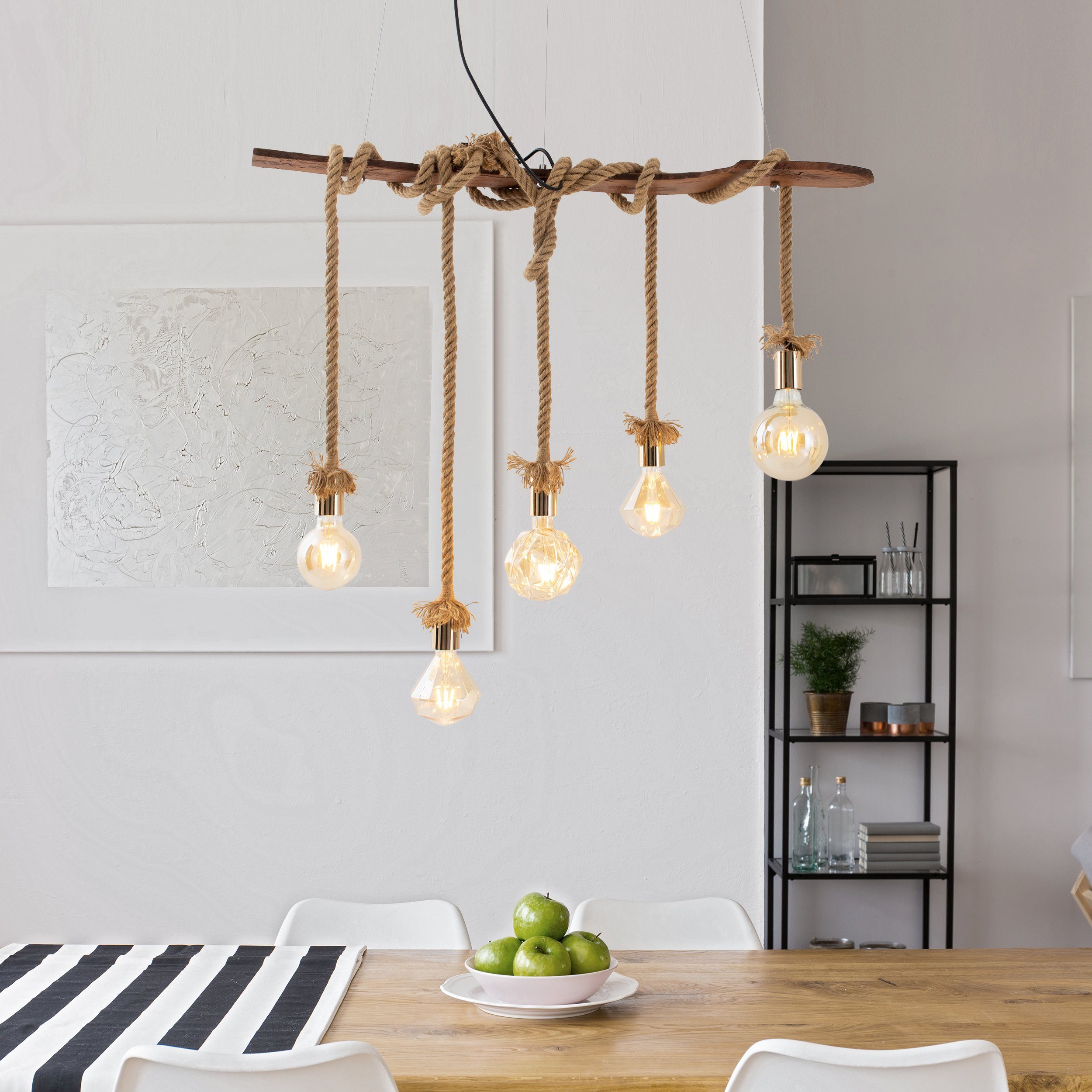 näve Hanglamp Rope Aan de schroeven in hoogte verstelbaar, hout / metaal/kunststof/jutetouw (1 stuk)