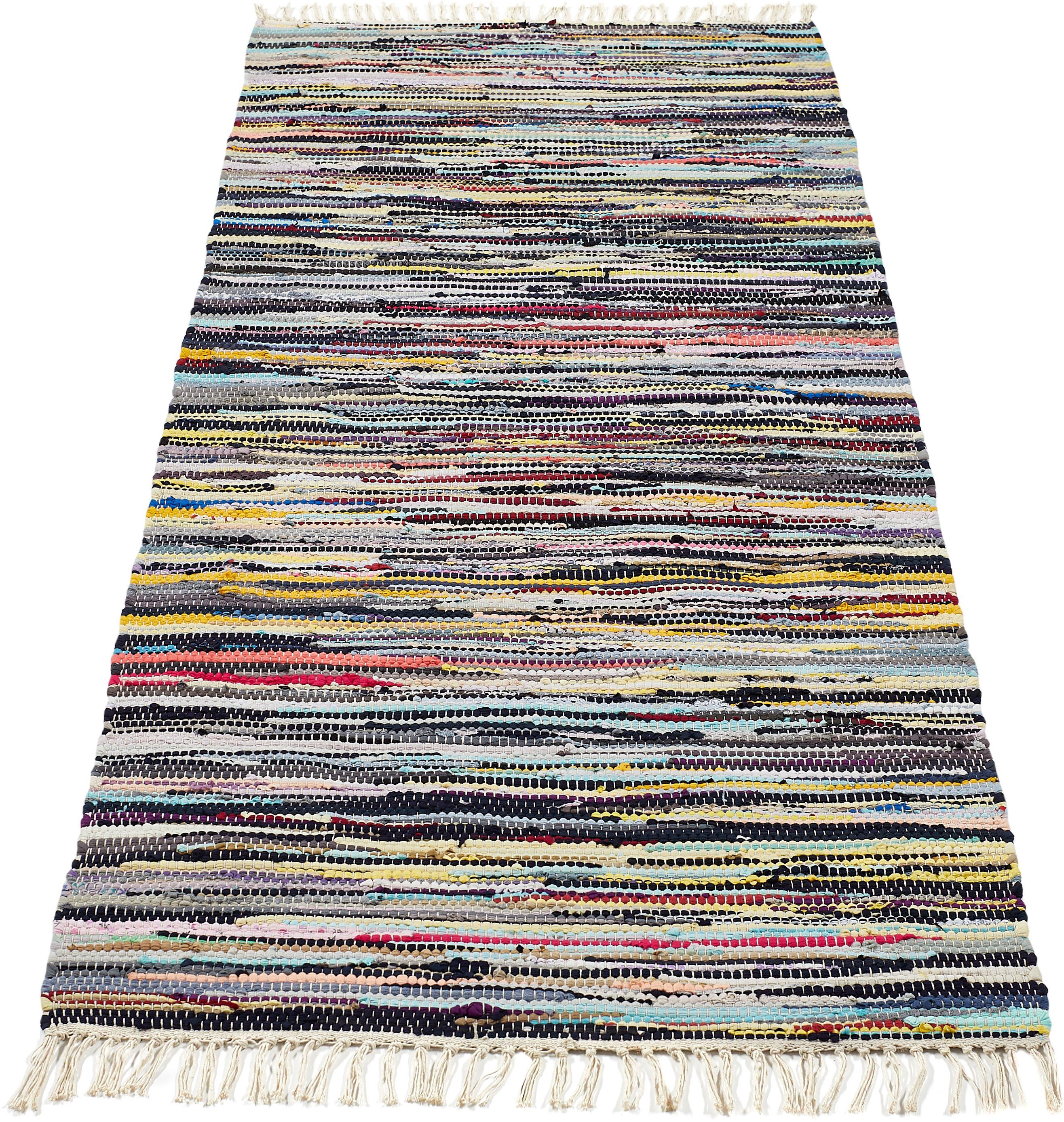 Andiamo Vloerkleed Multicolour Platweefsel, vlekjes, puur katoen, met de hand geweven, met franje moderne vloerkleden maat 80 cm x 200 cm x 10 mm