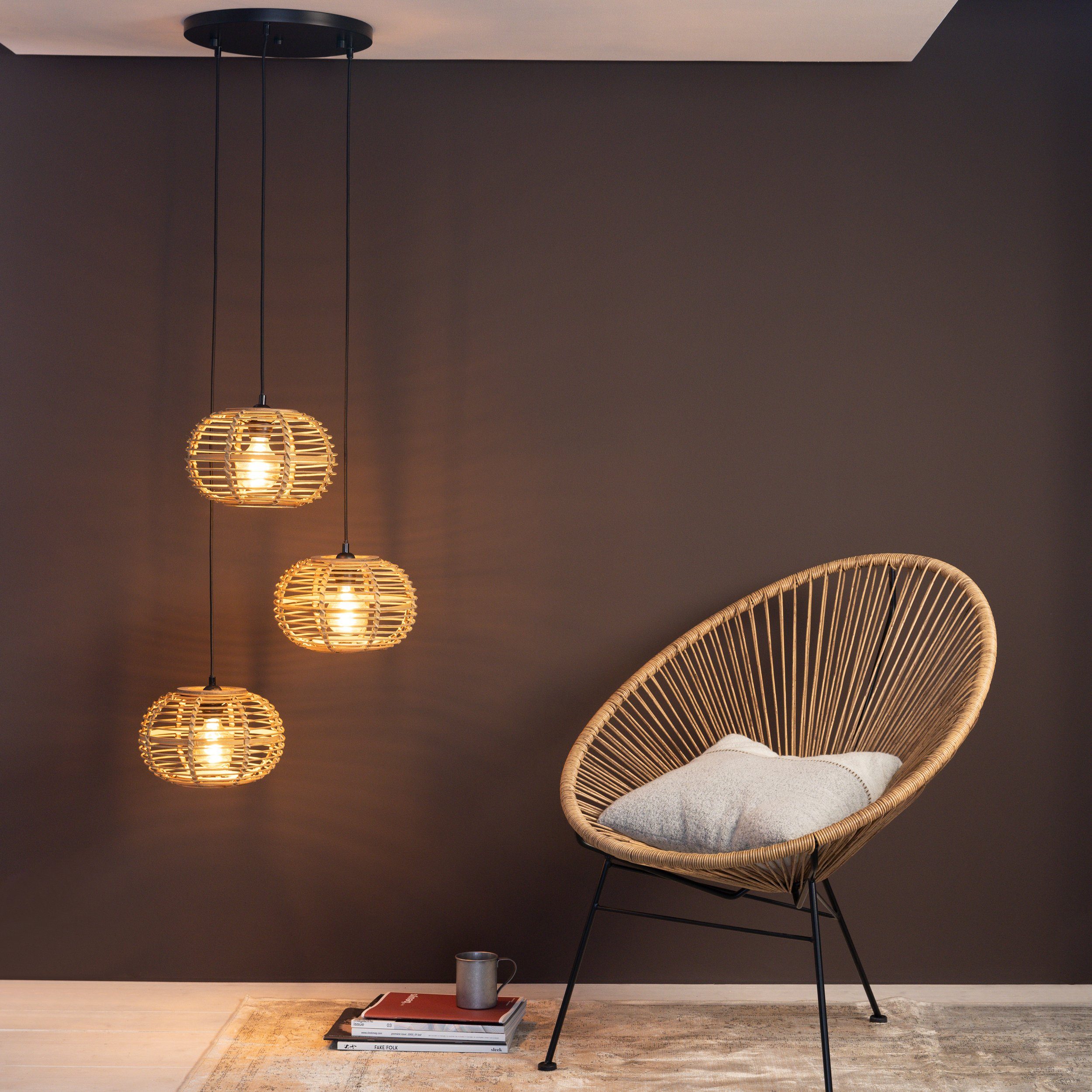 Brilliant Leuchten Hanglamp Woodball 3-vlamige bamboe hanglamp - 3 x e27 max. 40 w - 142 cm - d 57 cm (1 stuk)