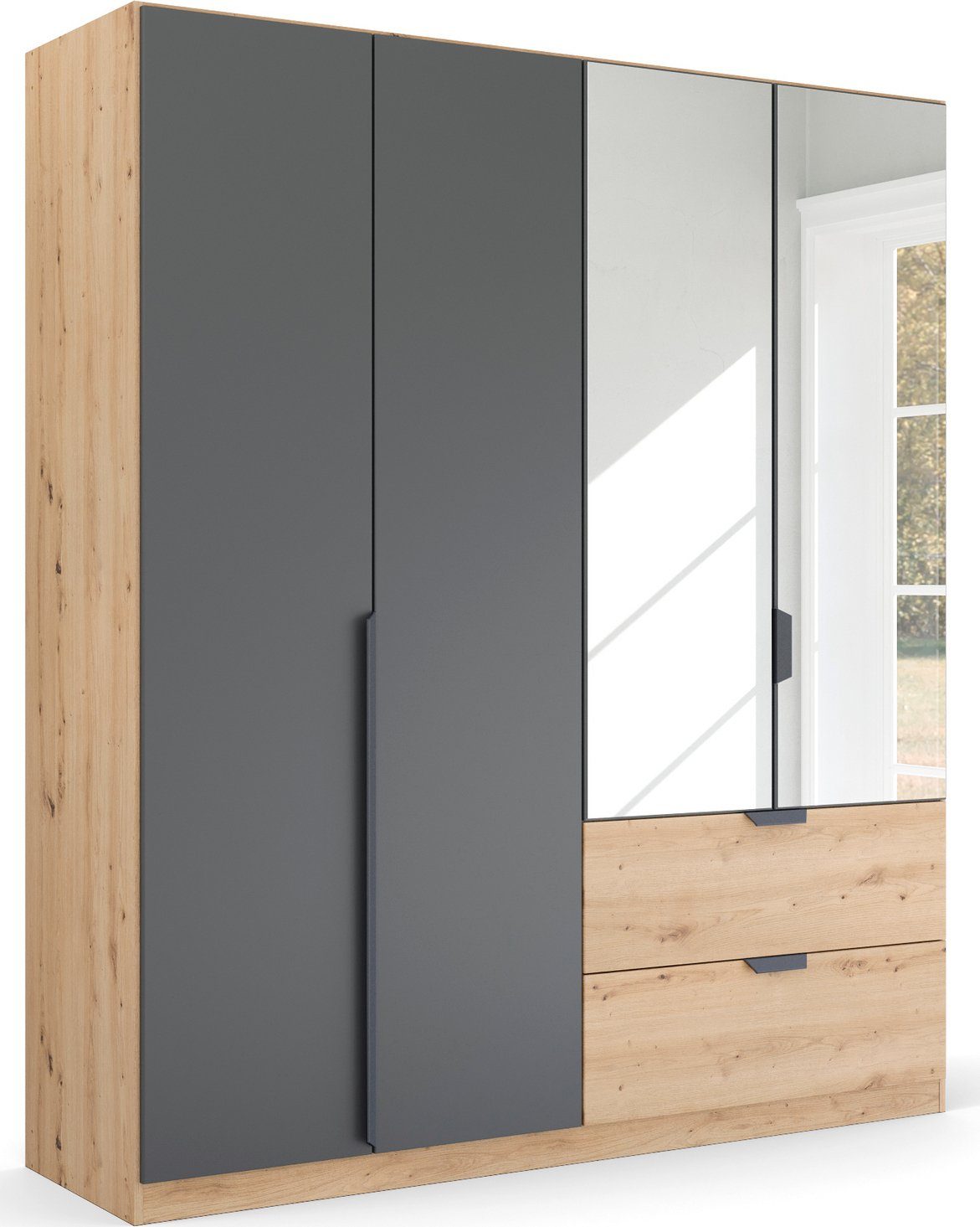 rauch Draaideurkast Dark&Wood by Quadra Spin in industriële stijl met laden in eikendecor, met spiegel kledingkasten maat 181 cm x 210 cm x 54 cm