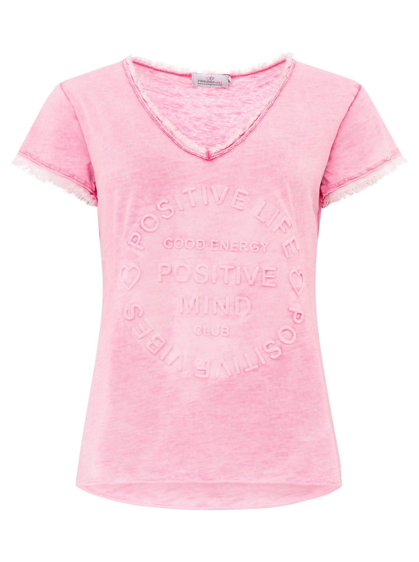 Zwillingsherz T-shirt Positive Mind met v-halslijn, stempeldruk en zoom in used-look