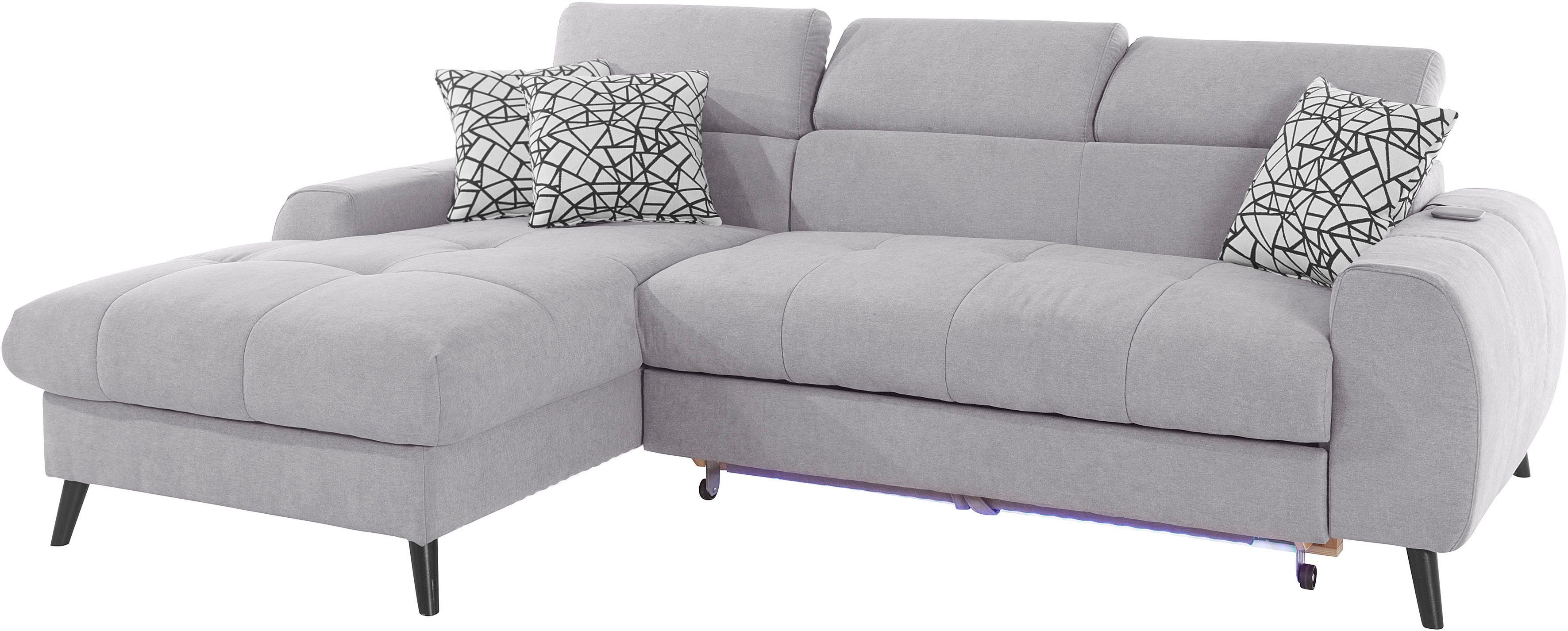 COTTA Hoekbank Mia L-vorm met 3 sierkussens keuze met bedfunctie, bedlade, verlichting & draadloze oplader