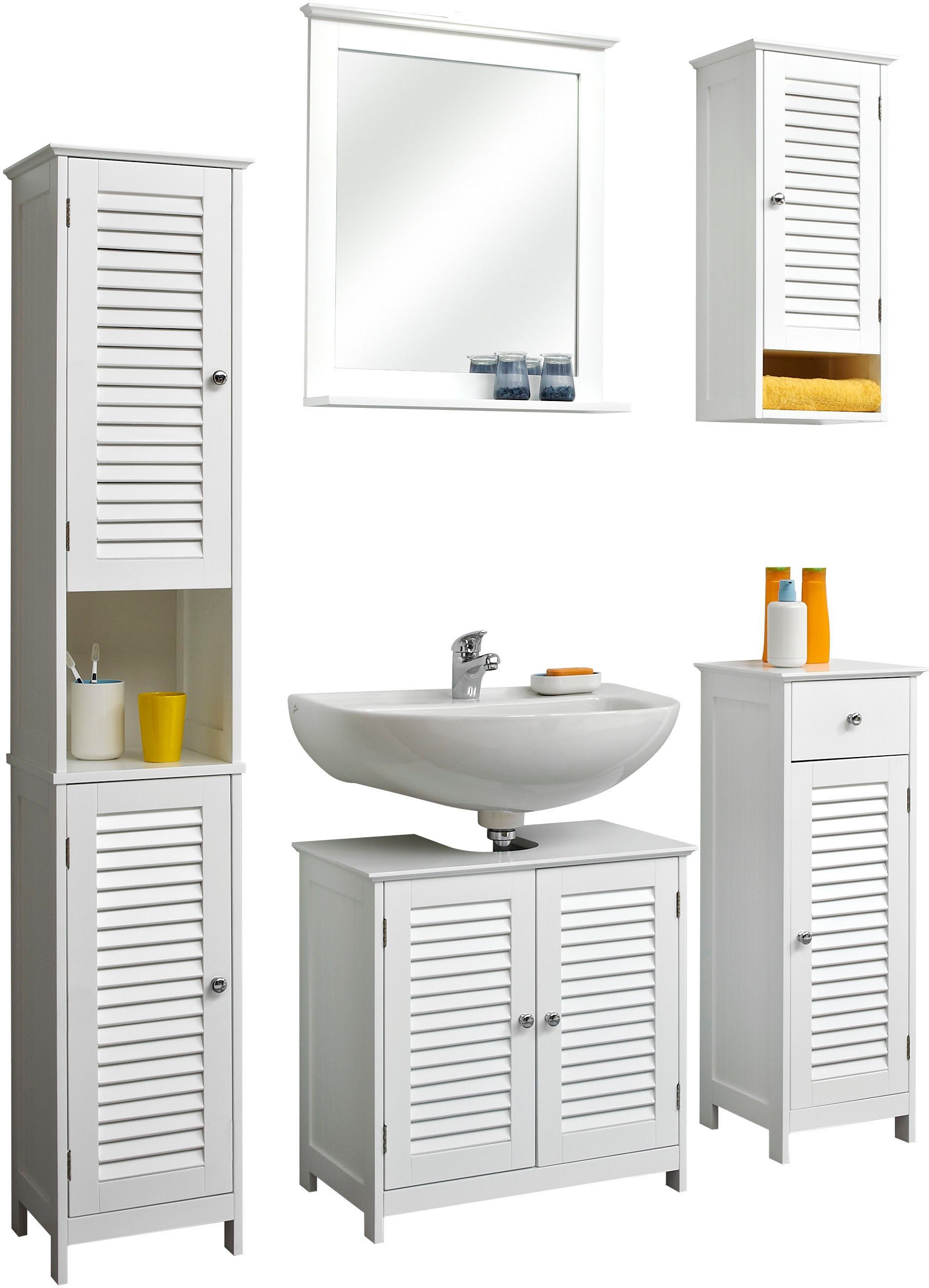 Saphir Badkamerserie Quickset 928 5-delig, wastafelonderkast met spiegel Hoge kast, onderkast, hangend kastje, 6 deuren, glanzend wit (5-delig)