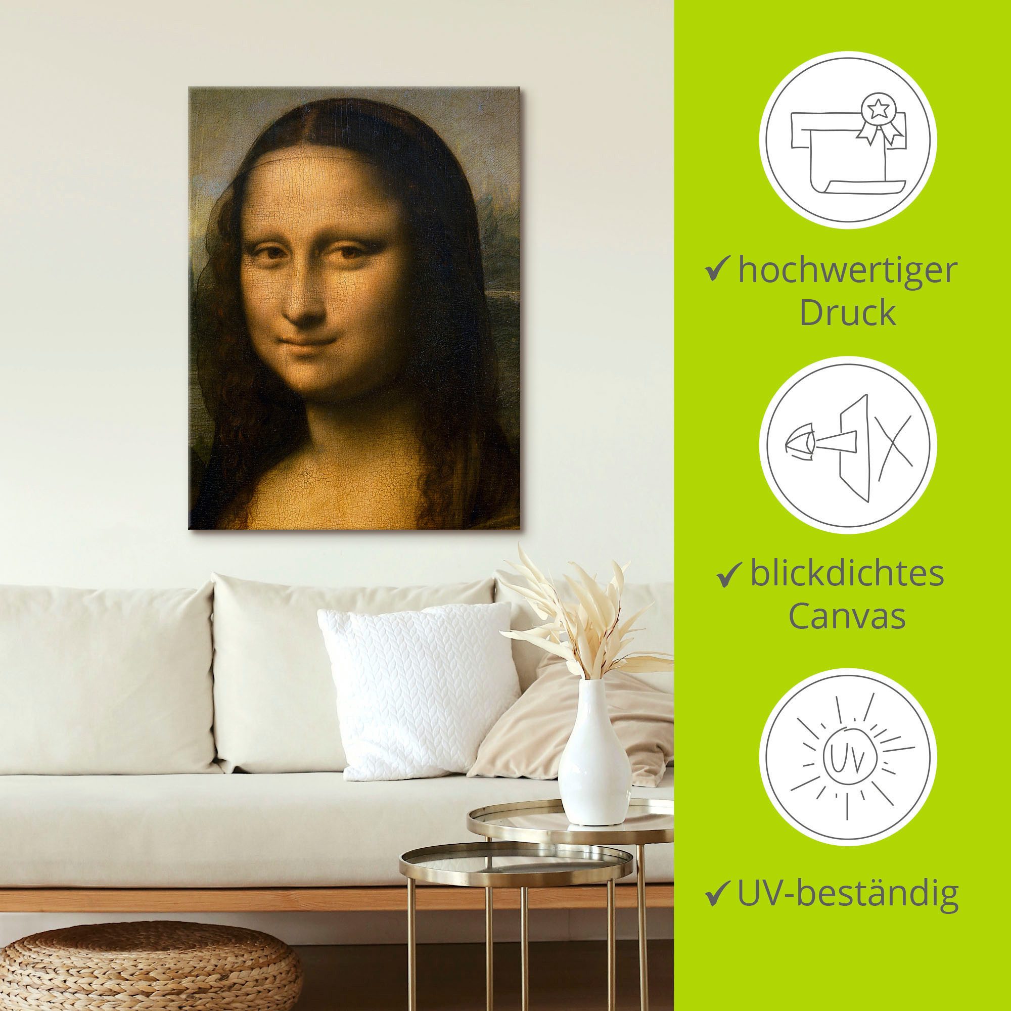 Artland Artprint op linnen Mona Lisa. Detail hoofd. 1503-1506