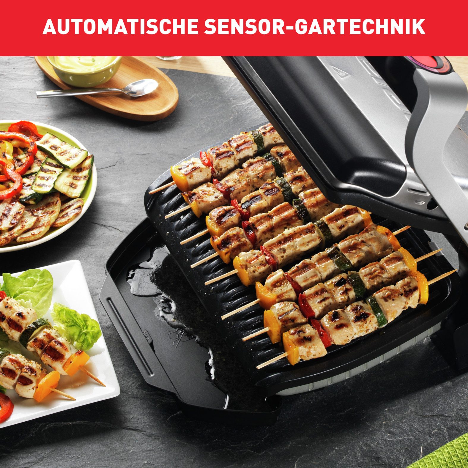 Tefal Contactgrill OptiGrill, 6 automatische Programme, ein manuelles Programm 6 programma’s, past temperatuur en grillcyclus aan het grillgerecht aan
