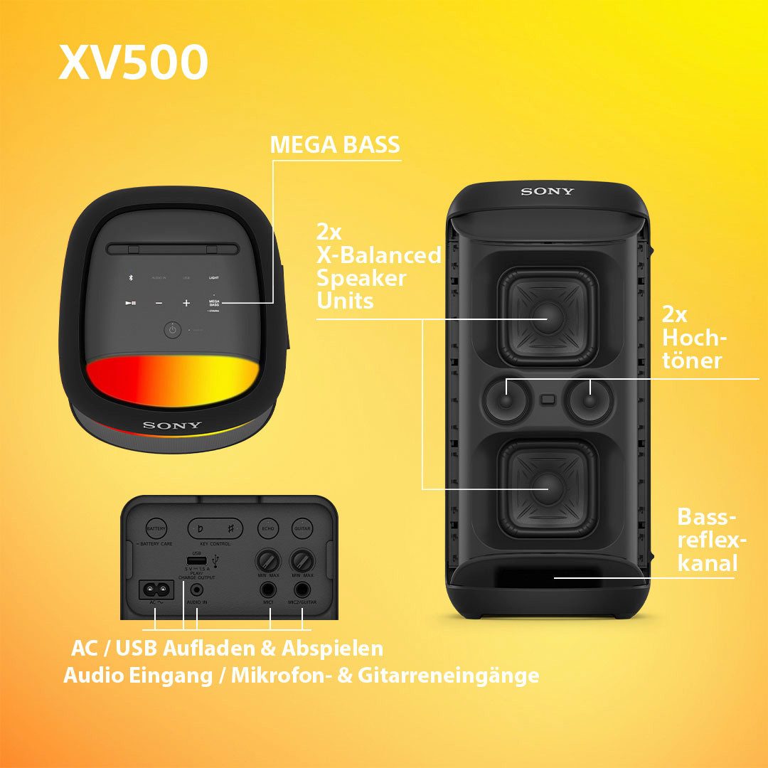 Sony Party-luidspreker SRS-XV500 25 uur batterij, draagbaar, voor binnen + buiten, ipx4-classificatie