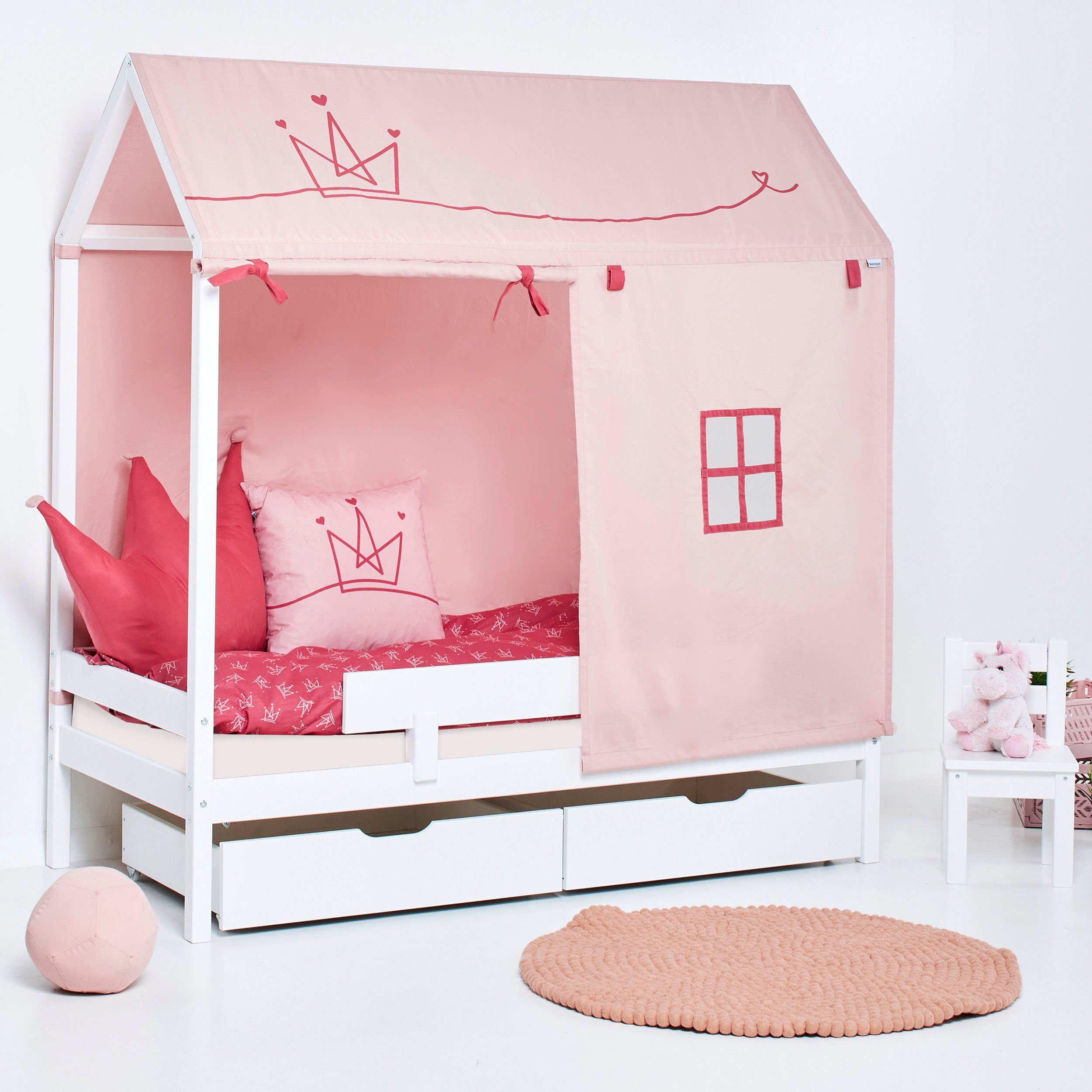 Hoppekids Kinderledikant Eco Dream Huisbed met dak optioneel met bescherming tegen valbescherming eenpersoonsbedden wit
