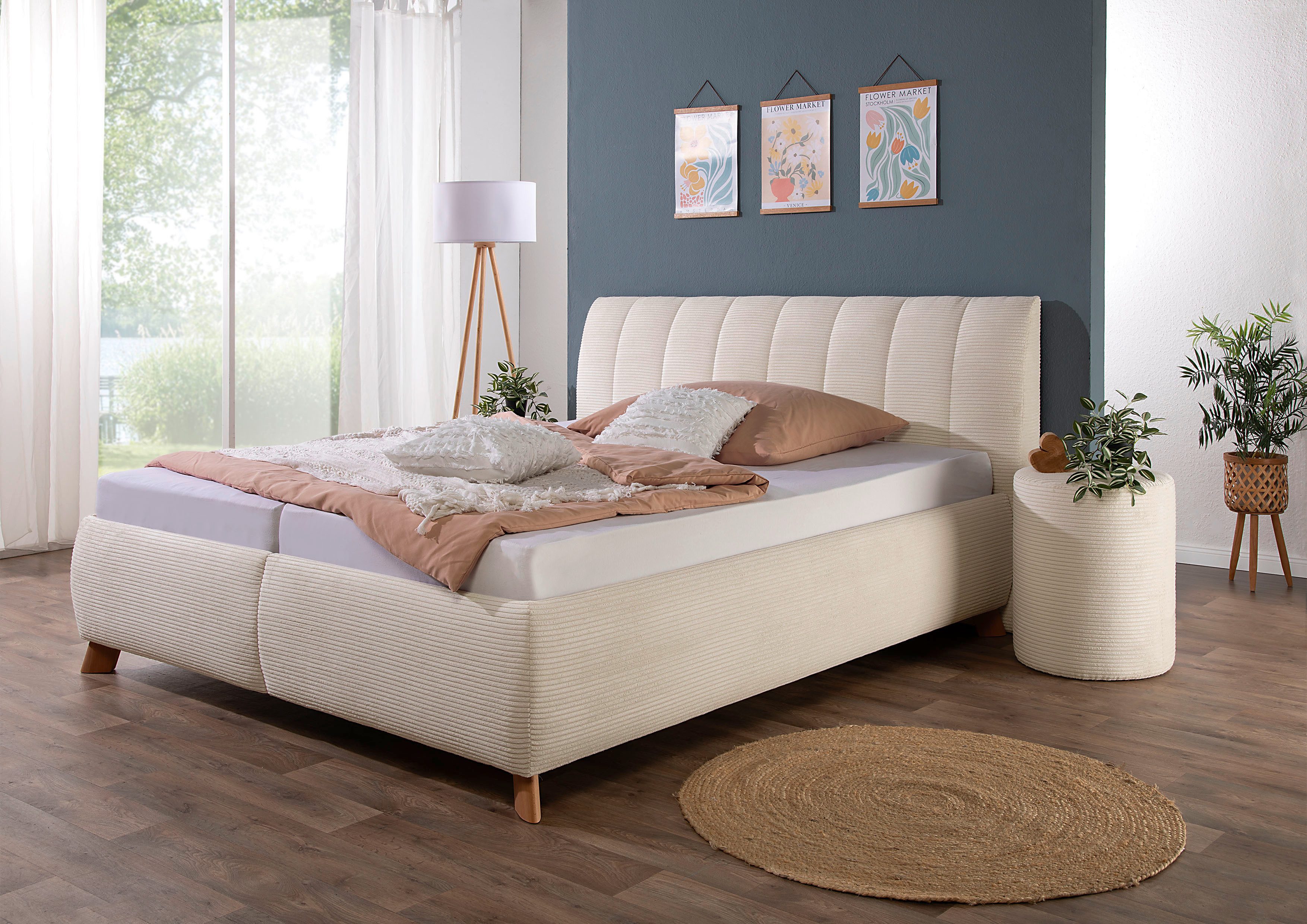 Maintal Gestoffeerd bed Hügeldorf inclusief bedlade, verkrijgbaar in h2, h3 & h4, van cord bekleding bedden beige