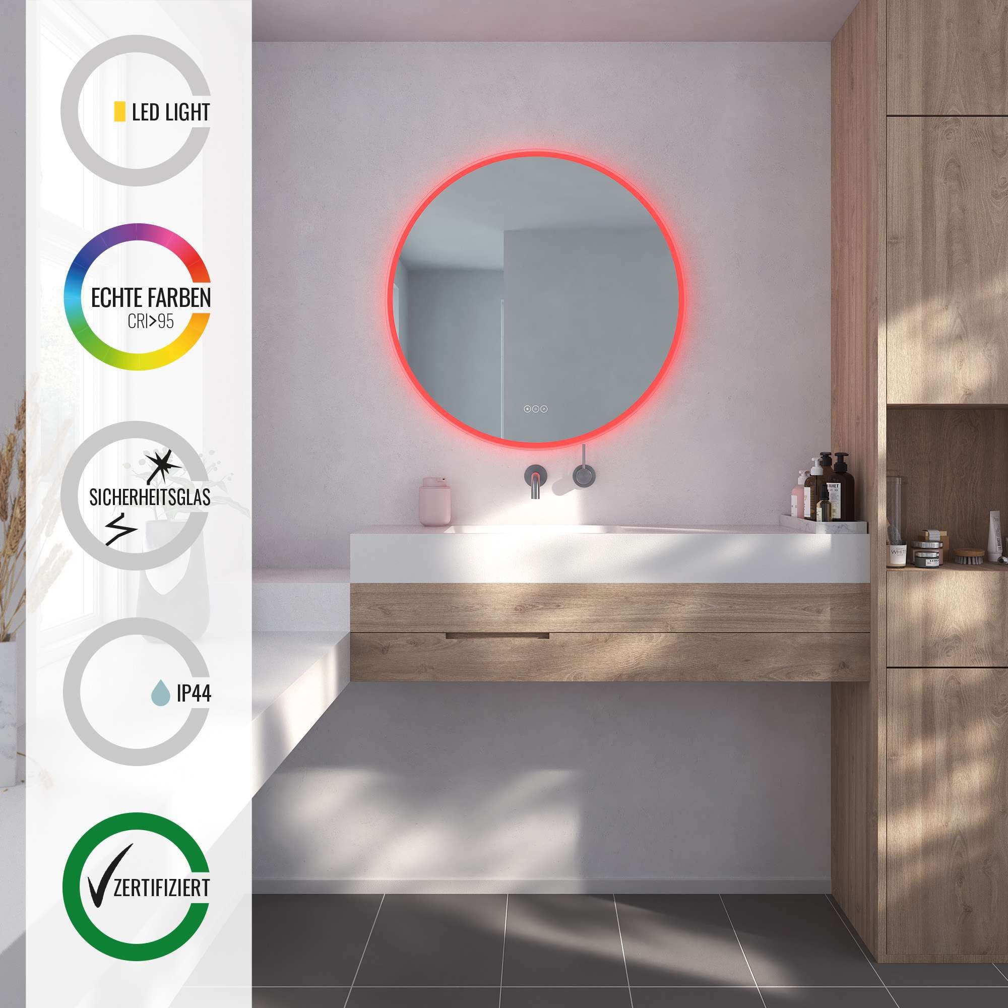 Loevschall Badspiegel Johannesburg RGB badkamer spiegel, rond, kleurverandering, dimbaar