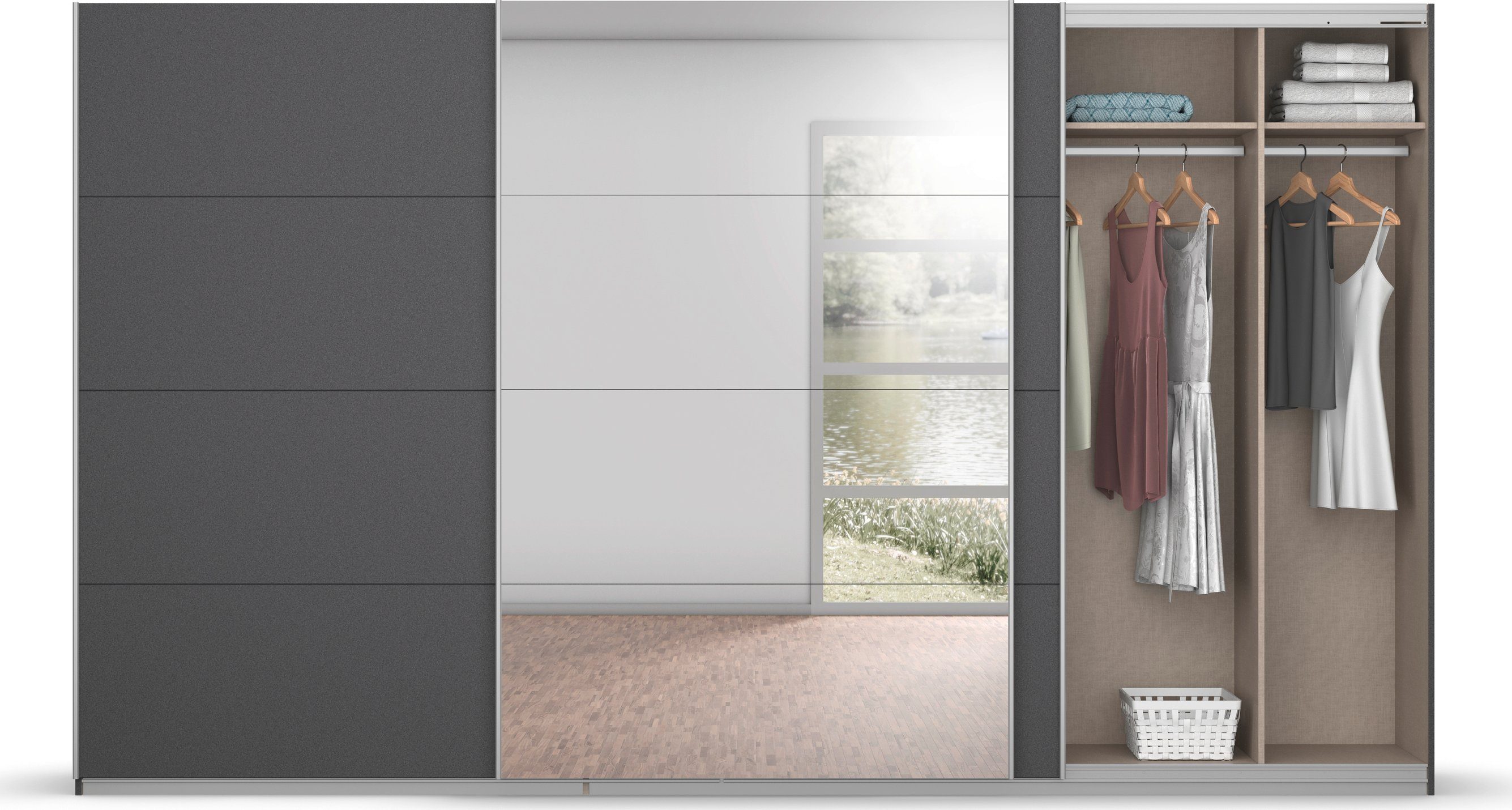 rauch Zweefdeurkast Kledingkast kast garderobe BESTSELLER KOLUNA met spiegel inclusief 2 binnenladen en extra legplanken made in germany