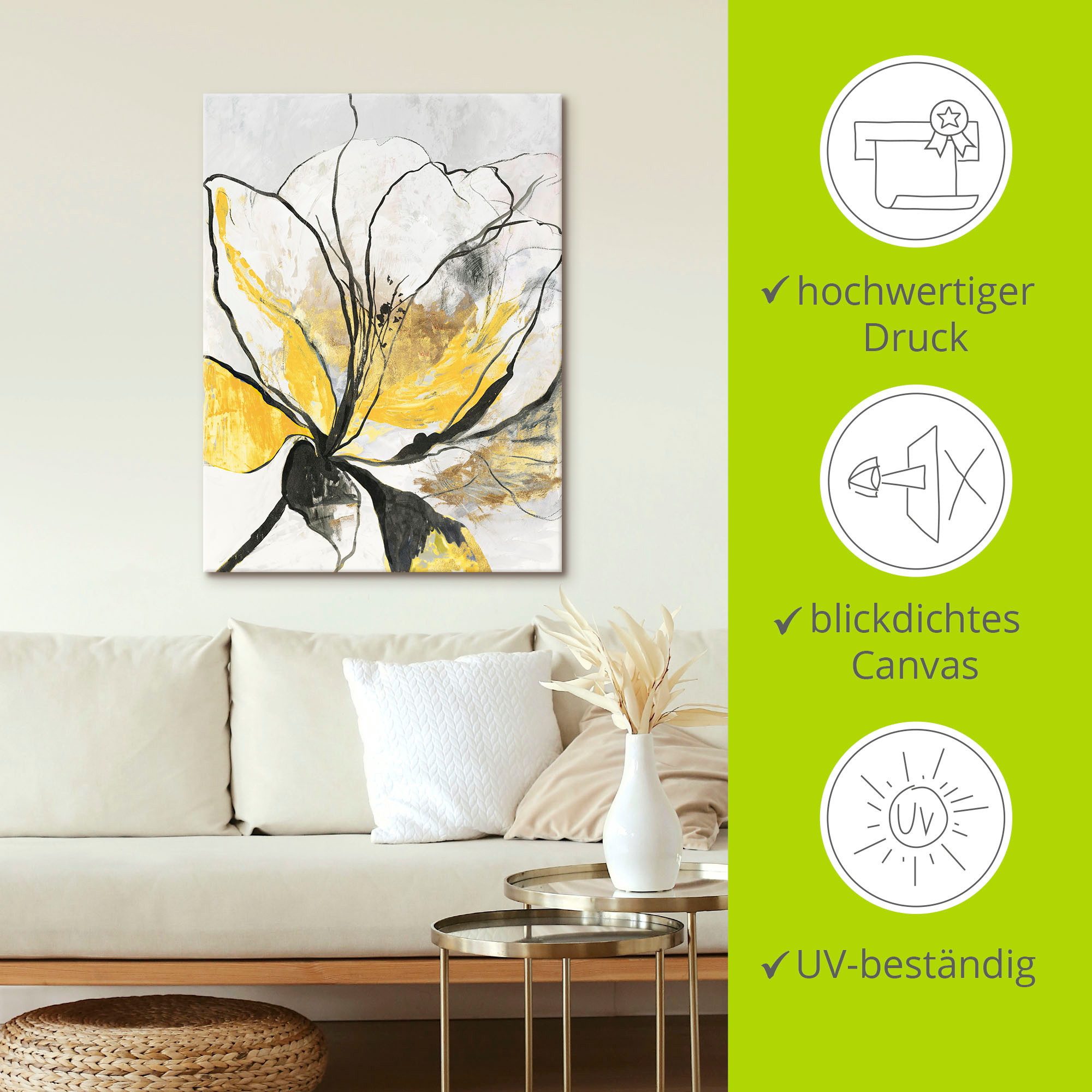 Artland Artprint Geschetst bloemdessin I gele versie als artprint van aluminium, artprint voor buiten, artprint op linnen, poster, muursticker