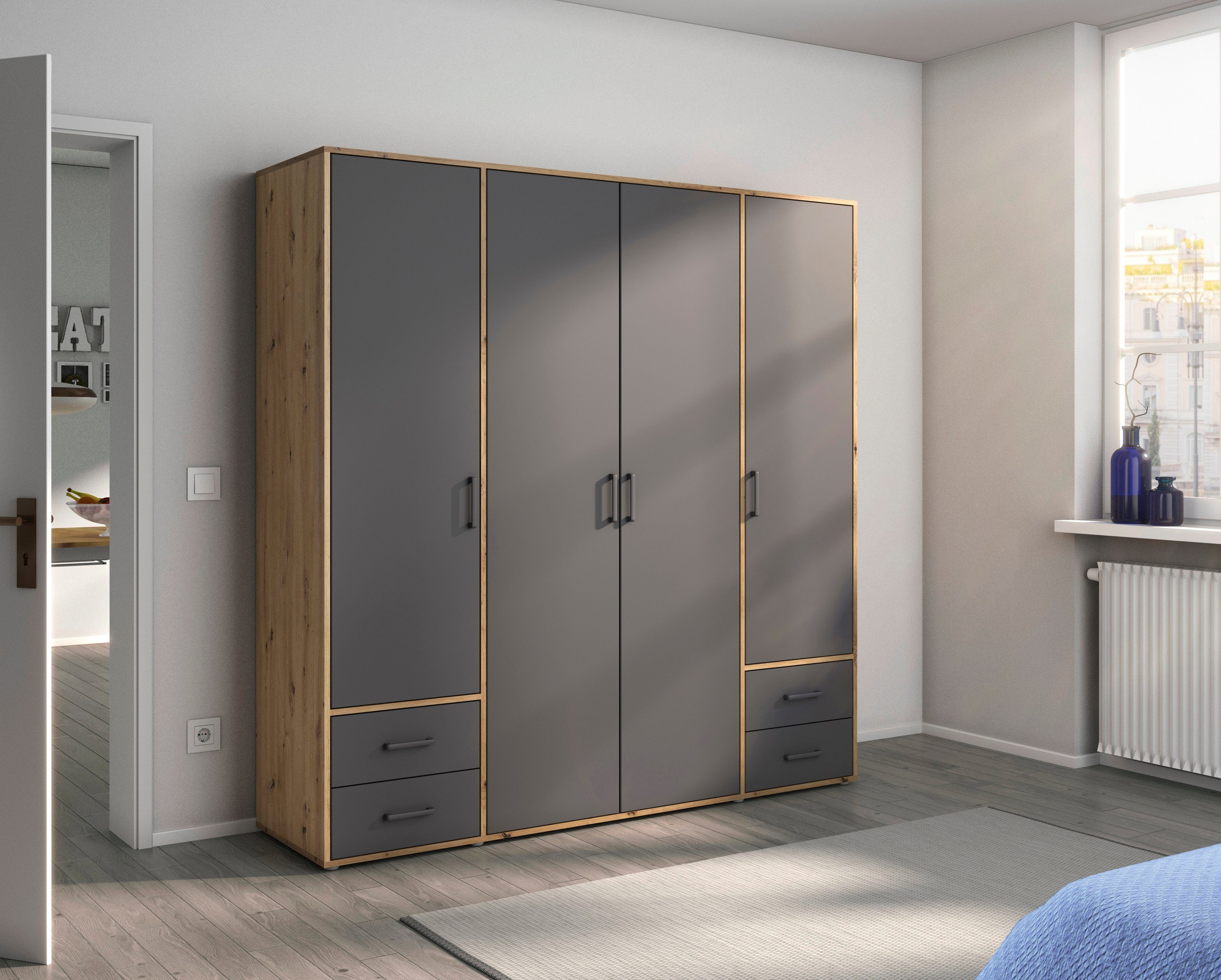 rauch Draaideurkast Kledingkast kast garderobe linnenkast VOYAGER moderne grepen in grijs metallic met buitenlades made in germany