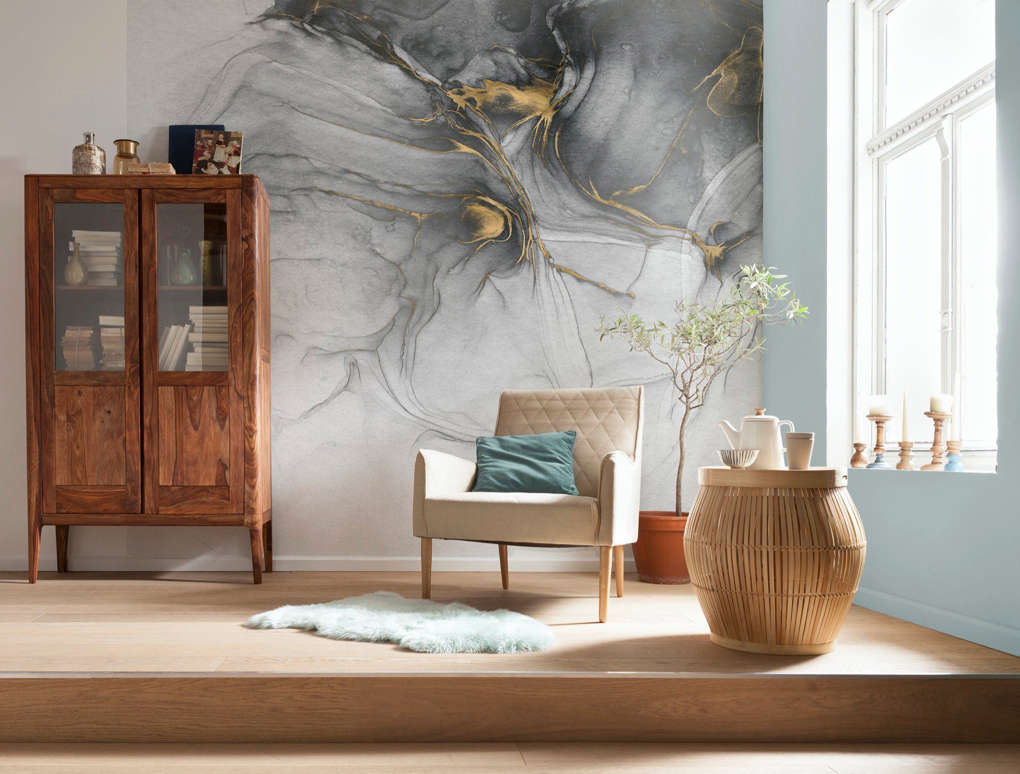 Komar Vliesbehang Digitale print vlies - Ink Gold Flow - Afmeting 300 x 280 cm
