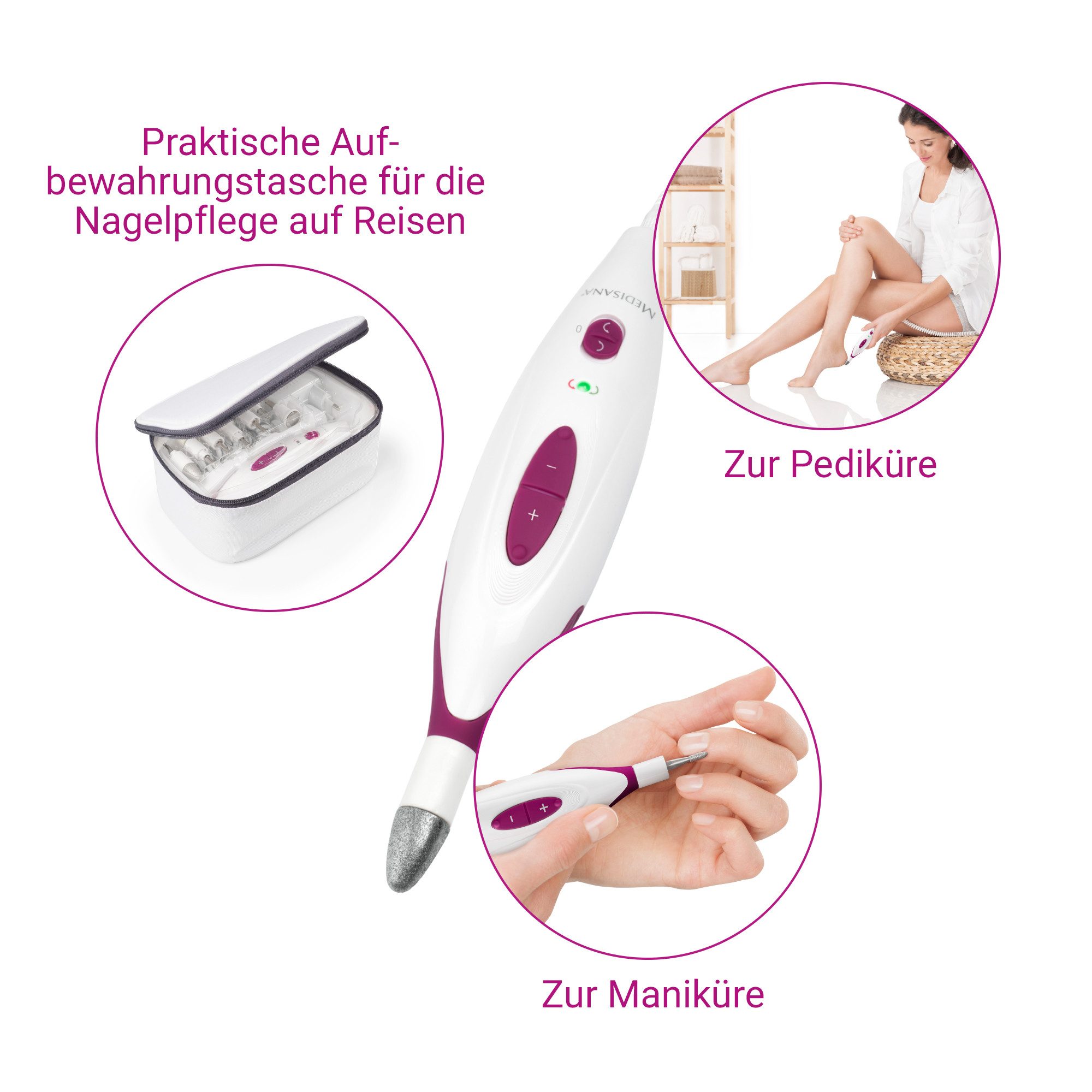 Medisana Manicure-/pedicureset MP 815 voor nagels, nagelriemen en eelt, 2 standen, links-/rechtsloop, opzetstukken