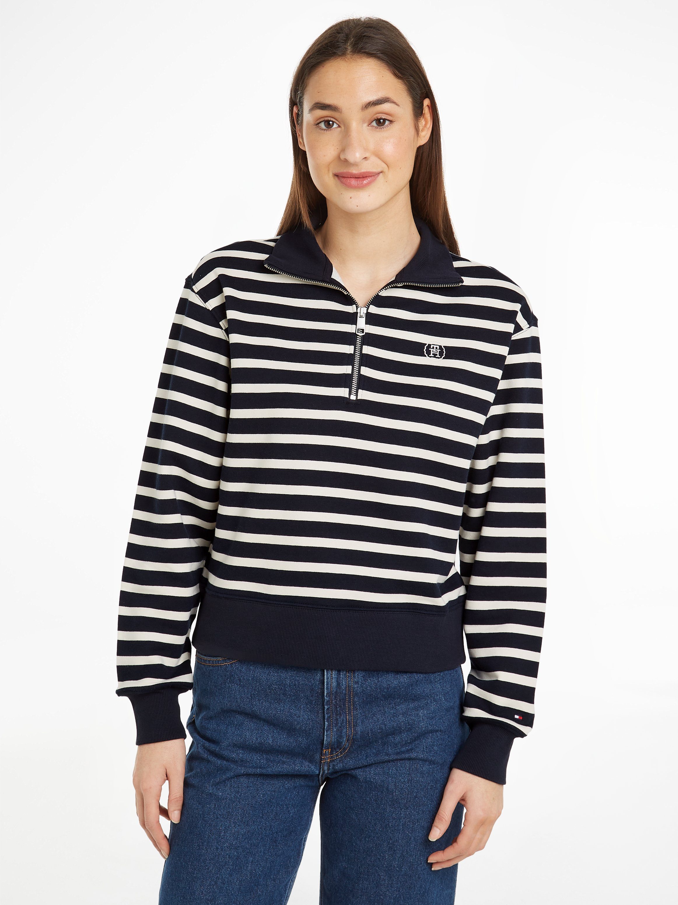 Tommy Hilfiger Sweater SMD BRETON STRIPE 1/2 ZIP HWK Polokraag met rits, gestreept, logo-borduursel