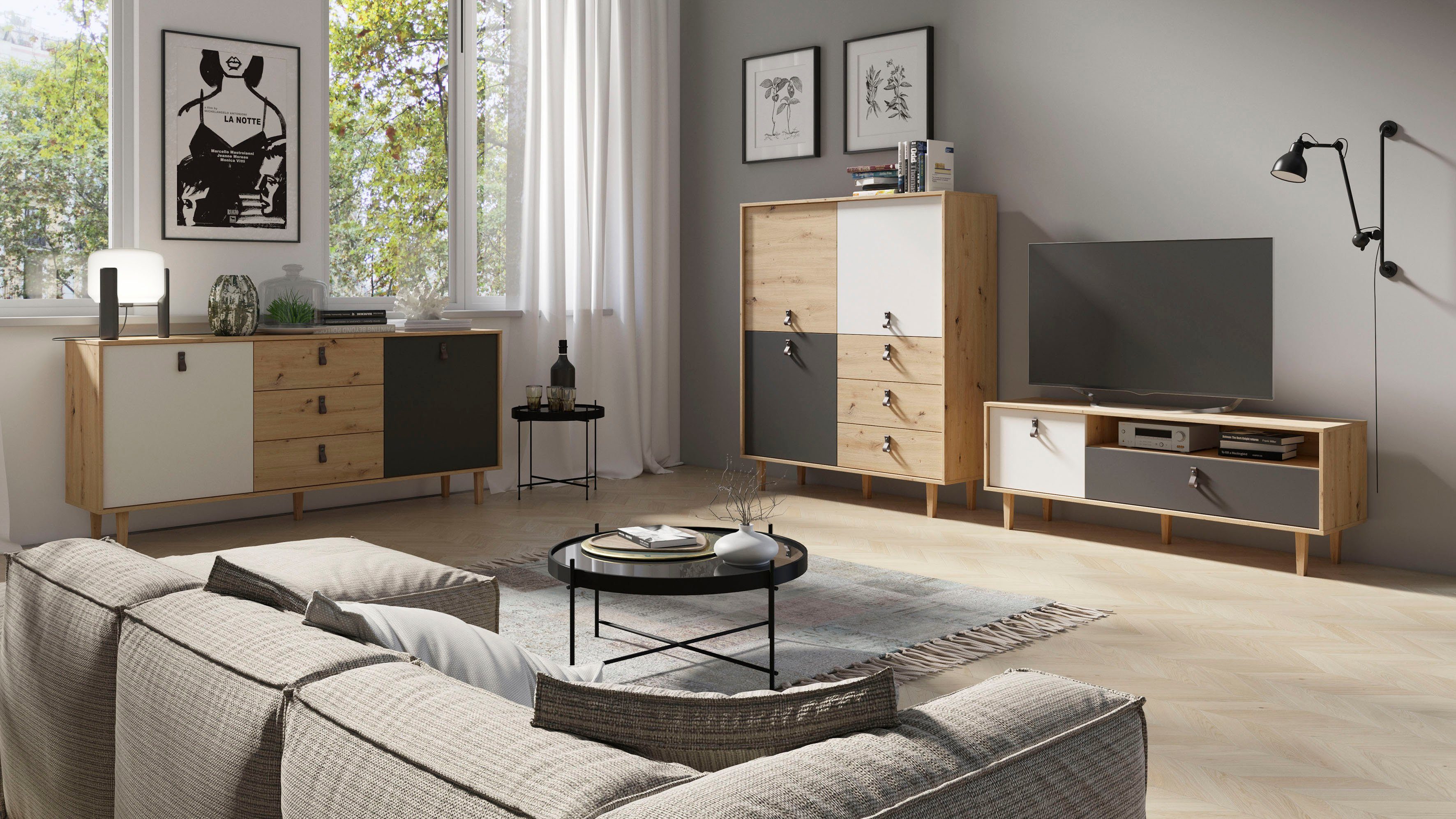 INOSIGN Highboard Bill, met drie lades en drie deuren, 120 cm breed met verstelbare legplanken, massieve houten poten