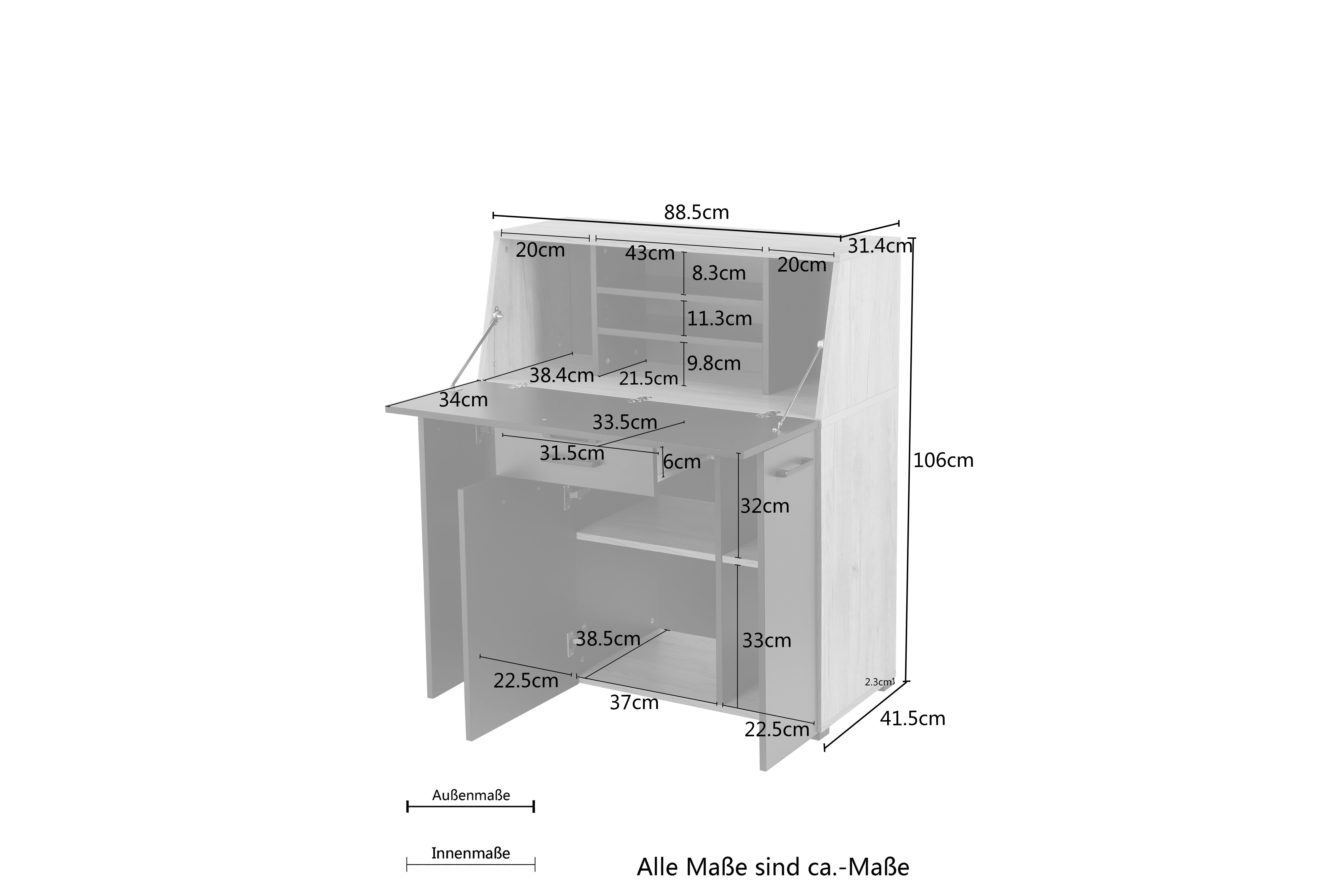 Places of Style Secretaire Moid, thuiswerk bureau, veel opbergmogelijkheden, compact & modern ontwerp, breedte 88,5 cm