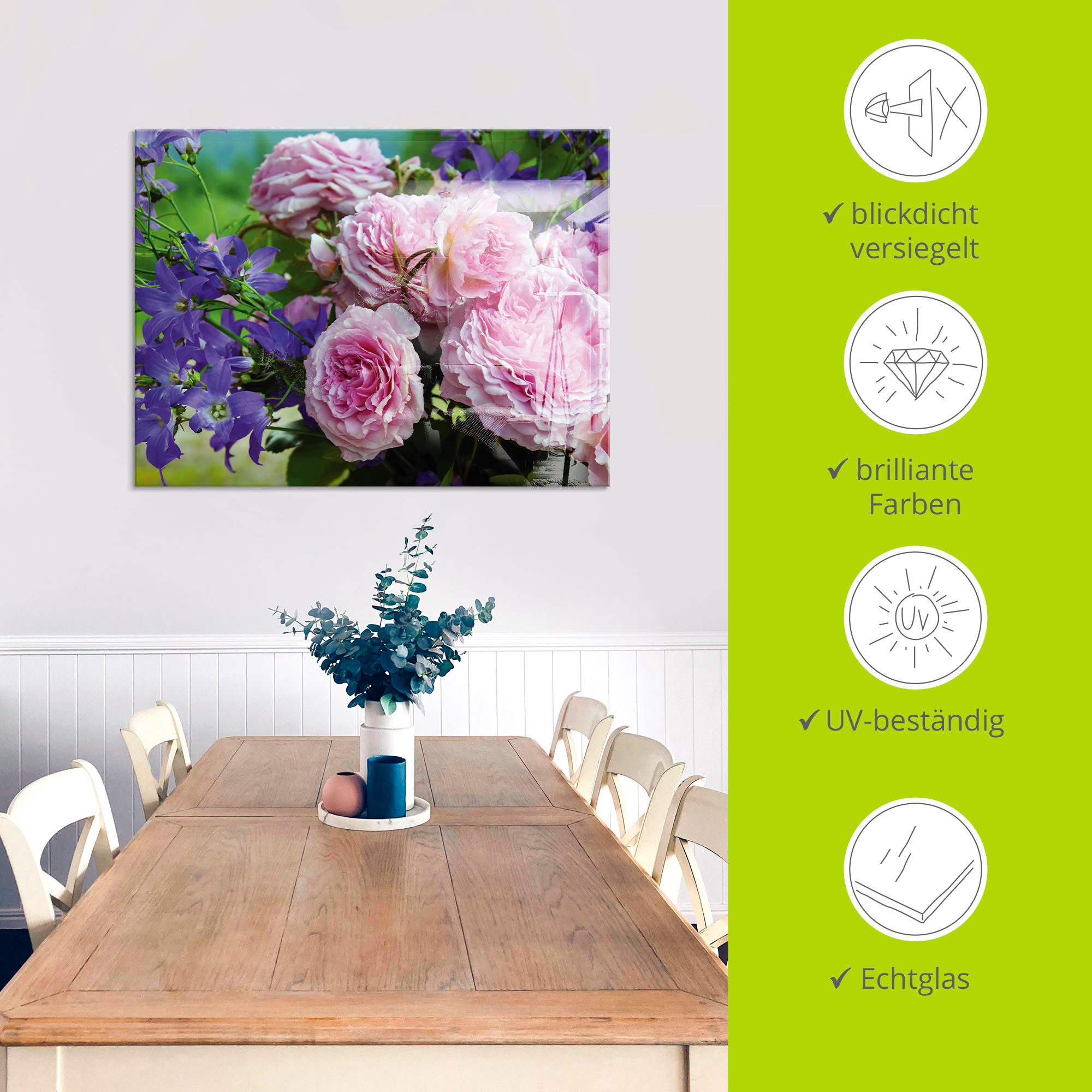 Artland Print op glas Rozen en blauwklokjes in verschillende maten