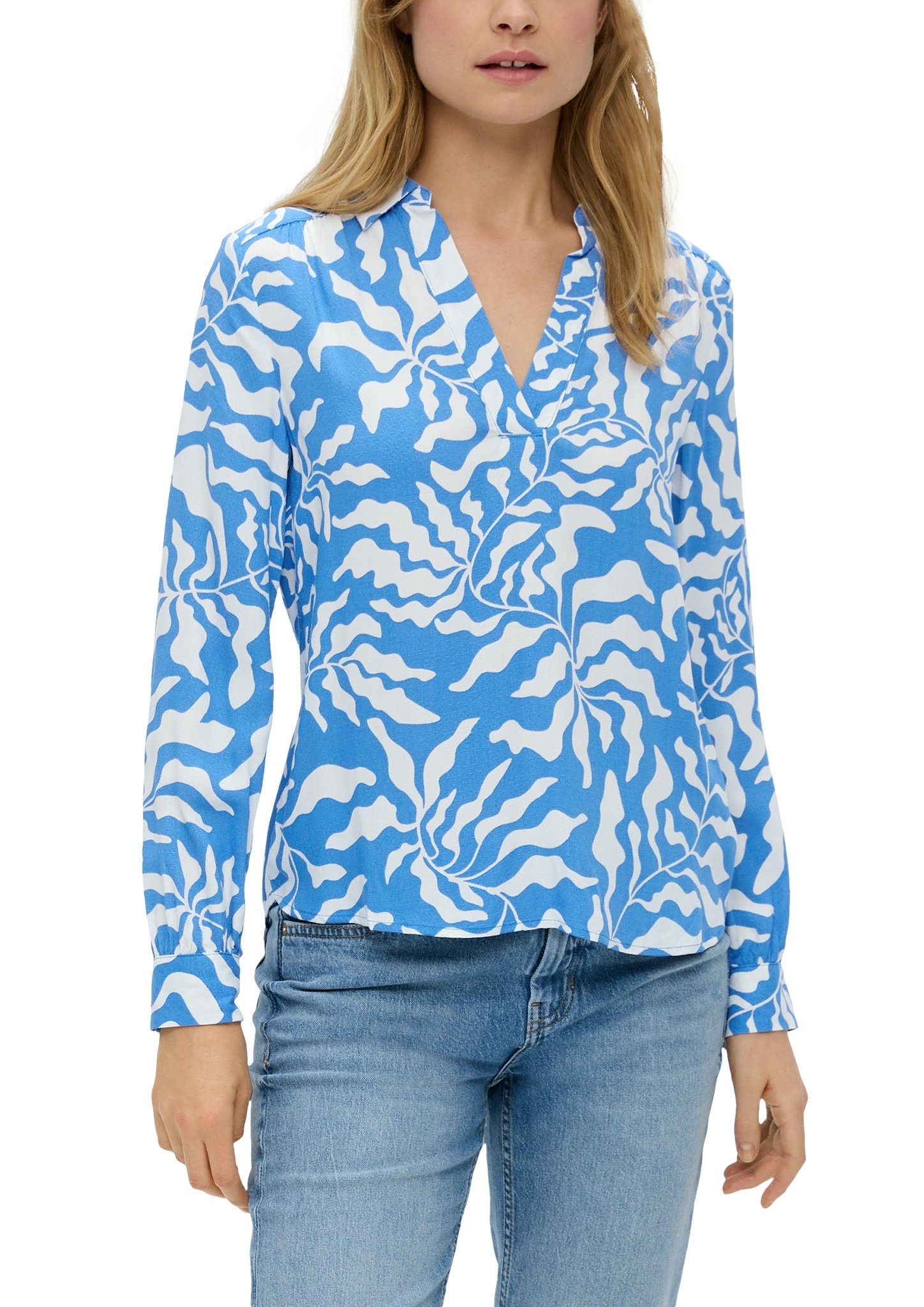 S.Oliver geweven blousetop met bladprint en plooien blauw wit
