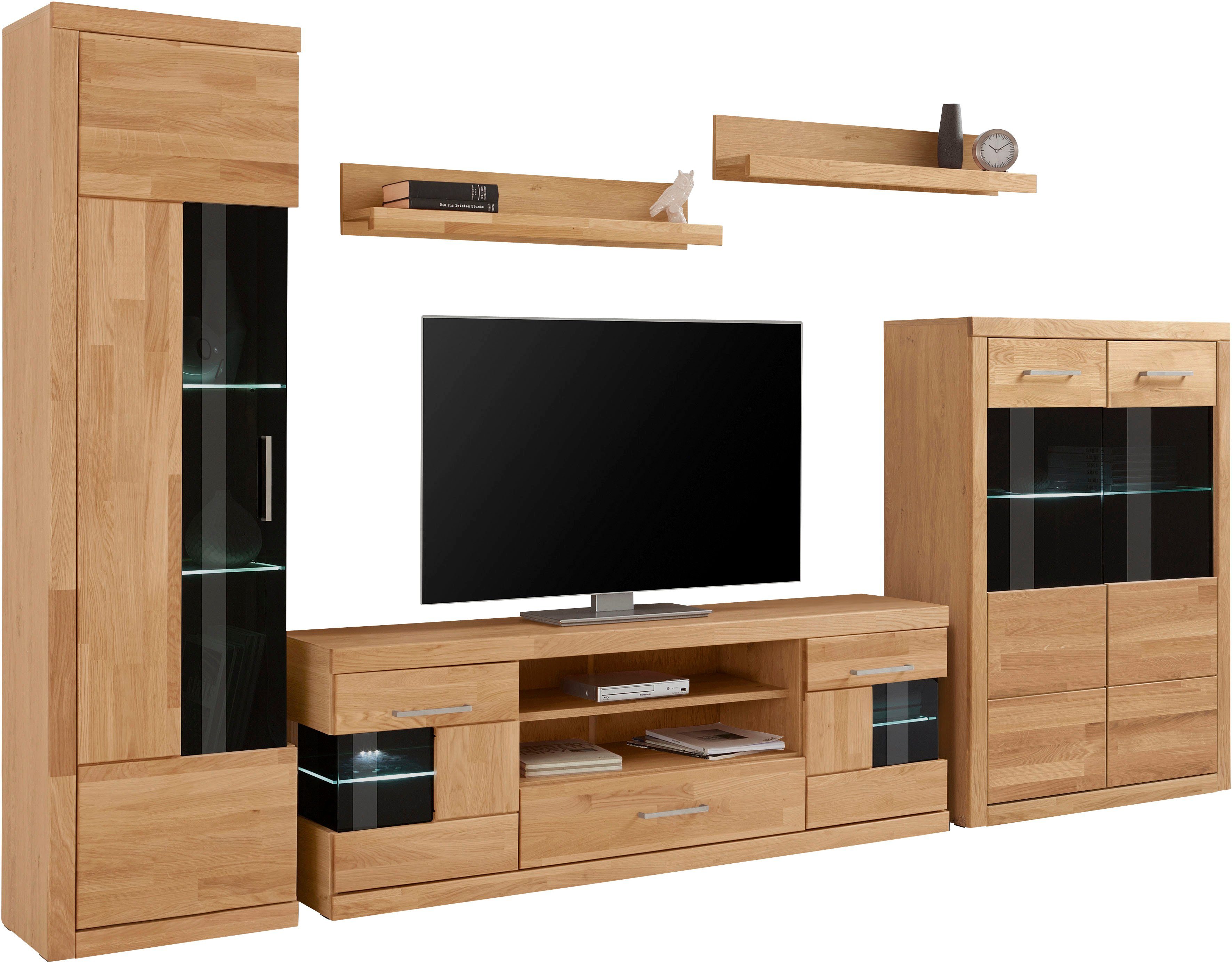 Home affaire Wandmeubel Ribe,Fronten Massivholz,Korpus Holzwekstoff,viel Stauraum gedeeltelijk massief hout (set, 5-delig) tv-wandmeubels bruin