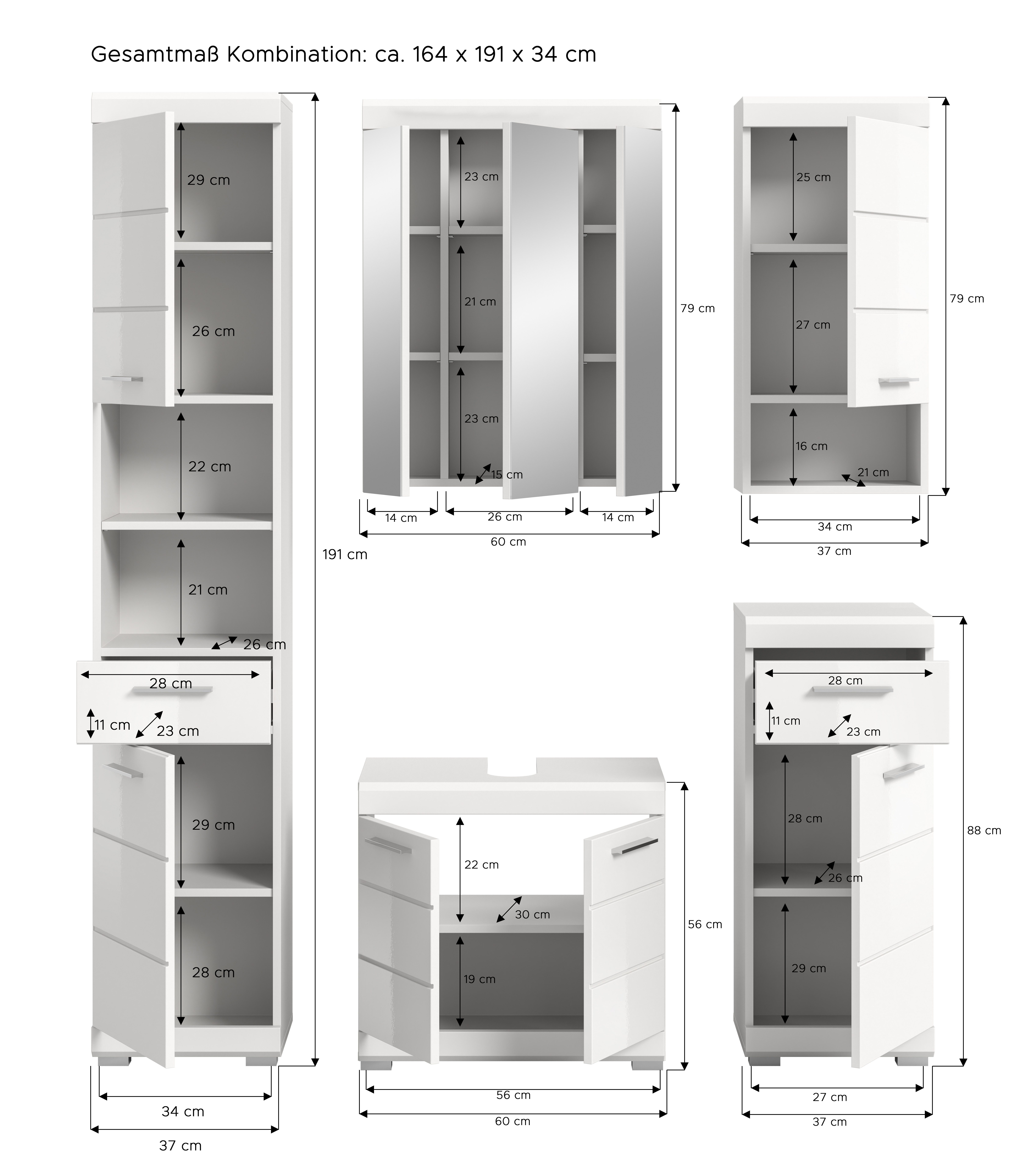INOSIGN Badkamerserie Siena, 5-delig, bestaande uit: Hoge kast, WBU, spiegelkast, onderkast, hangkast (set, 5 stuks)